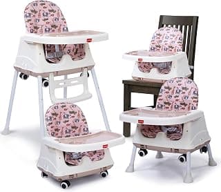 LuvLap 4 in 1 High Chair for Baby, Toddler Feeding Booster Seat with Wheels, 3 Height adjustments, with Cushion, 6 Months to 3 Years, Portable (Pink)