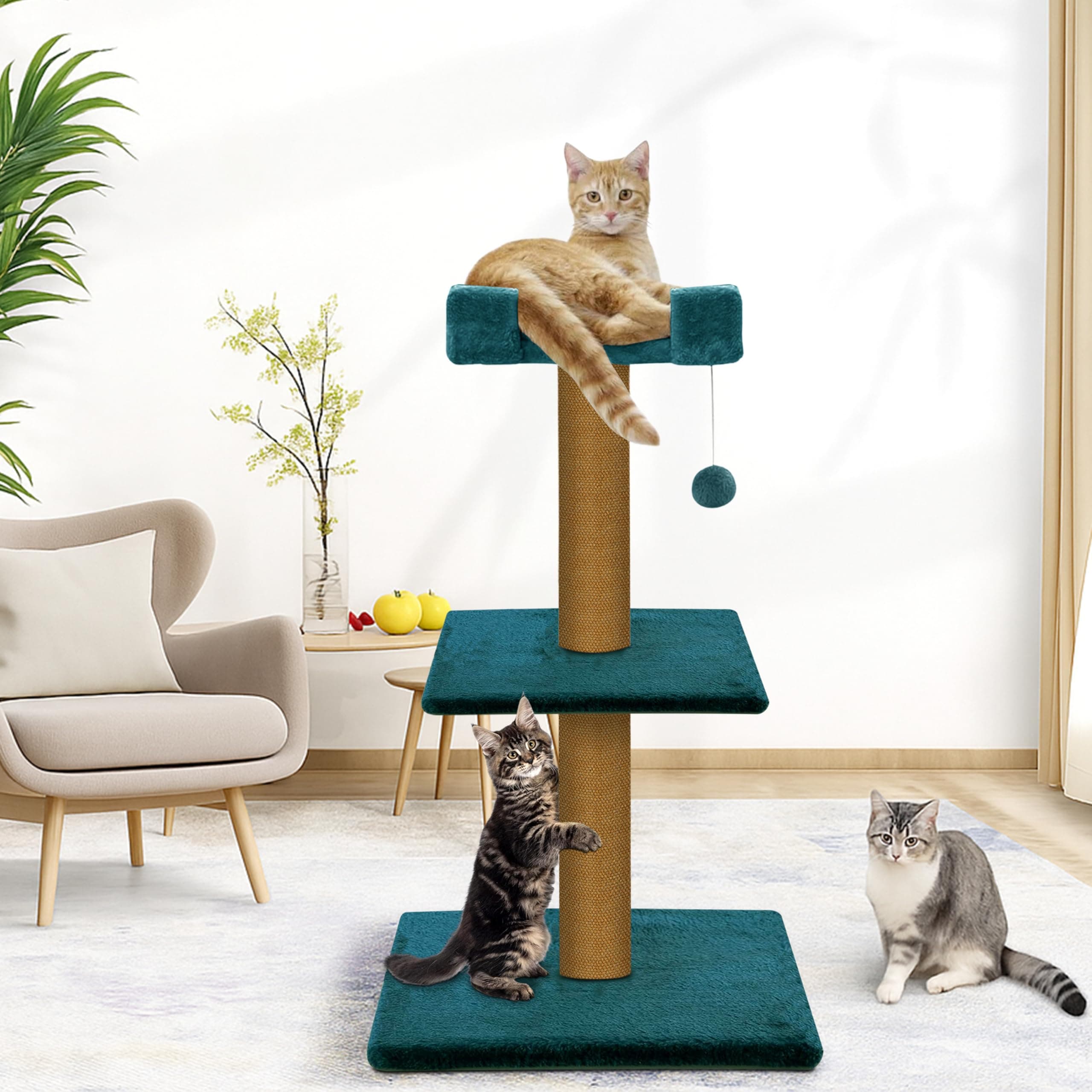 Rosebell 3-Level Cat Tree Tower with Scratching Post, Plush Perch & Toy Ball – Compact Activity Center for Kittens & Cats (Height 32 Inch) - Teal Blue Color