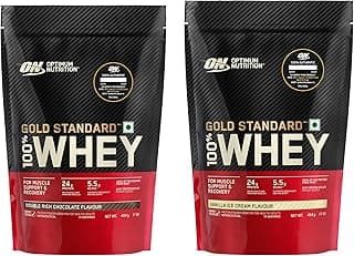 OPTIMUM NUTRITION (ON) Gold Standard 100% Whey Protein Powder (Vanilla Ice Cream)1 lbs & Optimum Nutrition (ON) Gold Standard 100% Whey Protein Powder - 1 lb (Double Rich Chocolate)