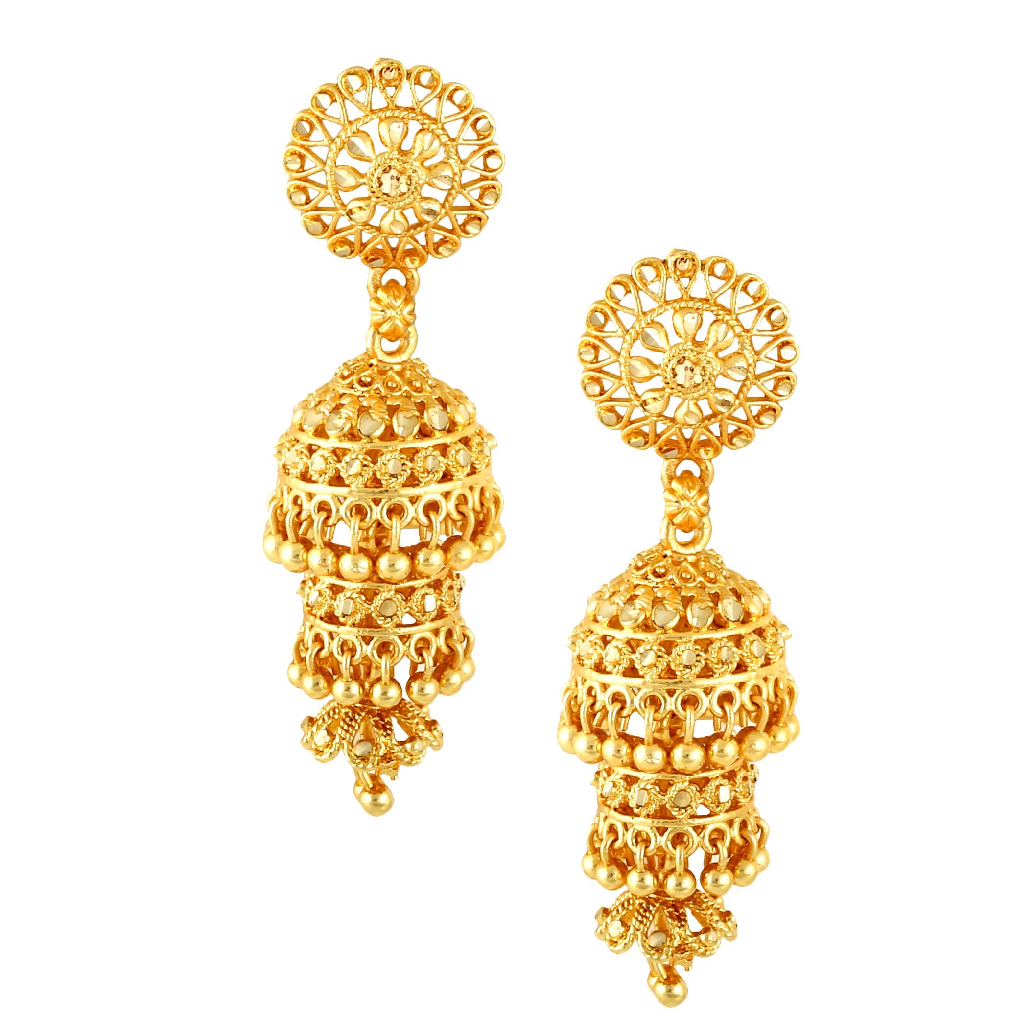 SHAYZA Traditional Temple Jewellery 18k One Gram Gold Ethnic Stylish South Indian Screw Back Studs Meenakari Round Flower Ear Jhumkas Jhumka Earrings Set For Women girls Latest GOLD JHUMKI-S144