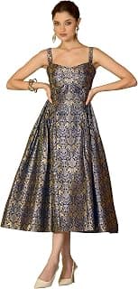 PURVAJA Women's Fit & Flare Midi Sleeveless Sweetheart Neck Emblished Dress