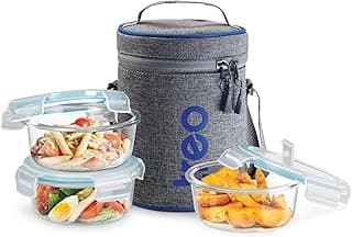 Treo by Milton All Fresh Borosilicate Glass Lunch Box Set of 3, Clear, 400 ml Each with Durable Lunch Bag, Microwave & Dishwasher Safe, Leakproof Containers, Office Tiffin