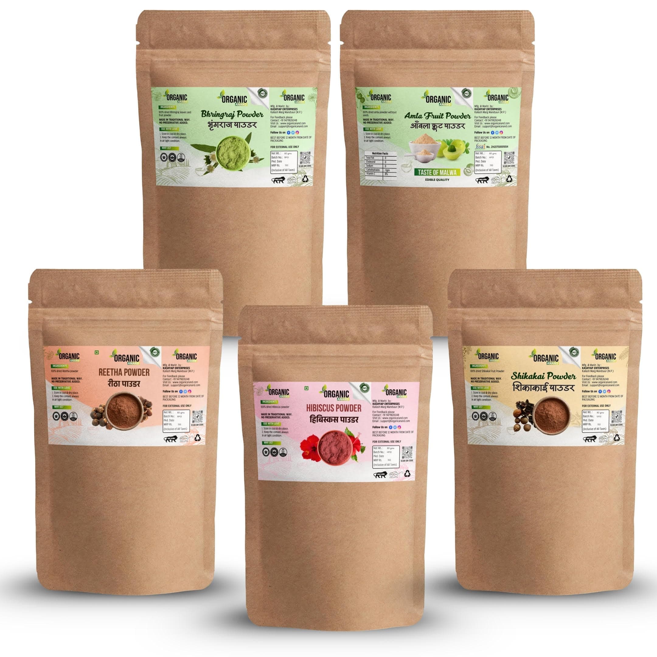 Organic Anand Amla Reetha Shikakai, Bhringraj and Hibiscus Powder for Hair (Pack of 5, 75gm Each, Total 375 Grams)