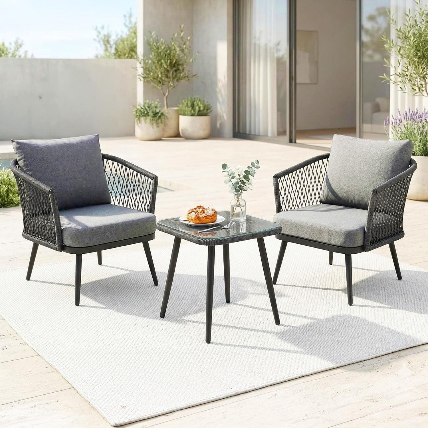 DEVOKO Rope & Iron 3 Piece Patio Garden Outdoor Rope Bistro Set Handwoven Furniture With All Weather Cushioned Chair & Table For Balcony, Lawn, Backyard, Pool (Grey)