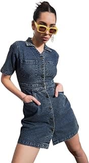 SASSAFRAS Women’s Mini Short Sleeves Blast Denim Front Button – Casual Streetwear Denim Dress