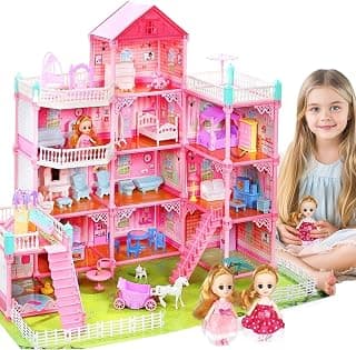 11-Room Dream House Dollhouse, DIY Building Toy for Girls Ages 3+, 2 Dolls, Furniture & Accessories, Pretend Play Doll House, Luxurious Princess Castle Design, Gift for Girls, Multicolor