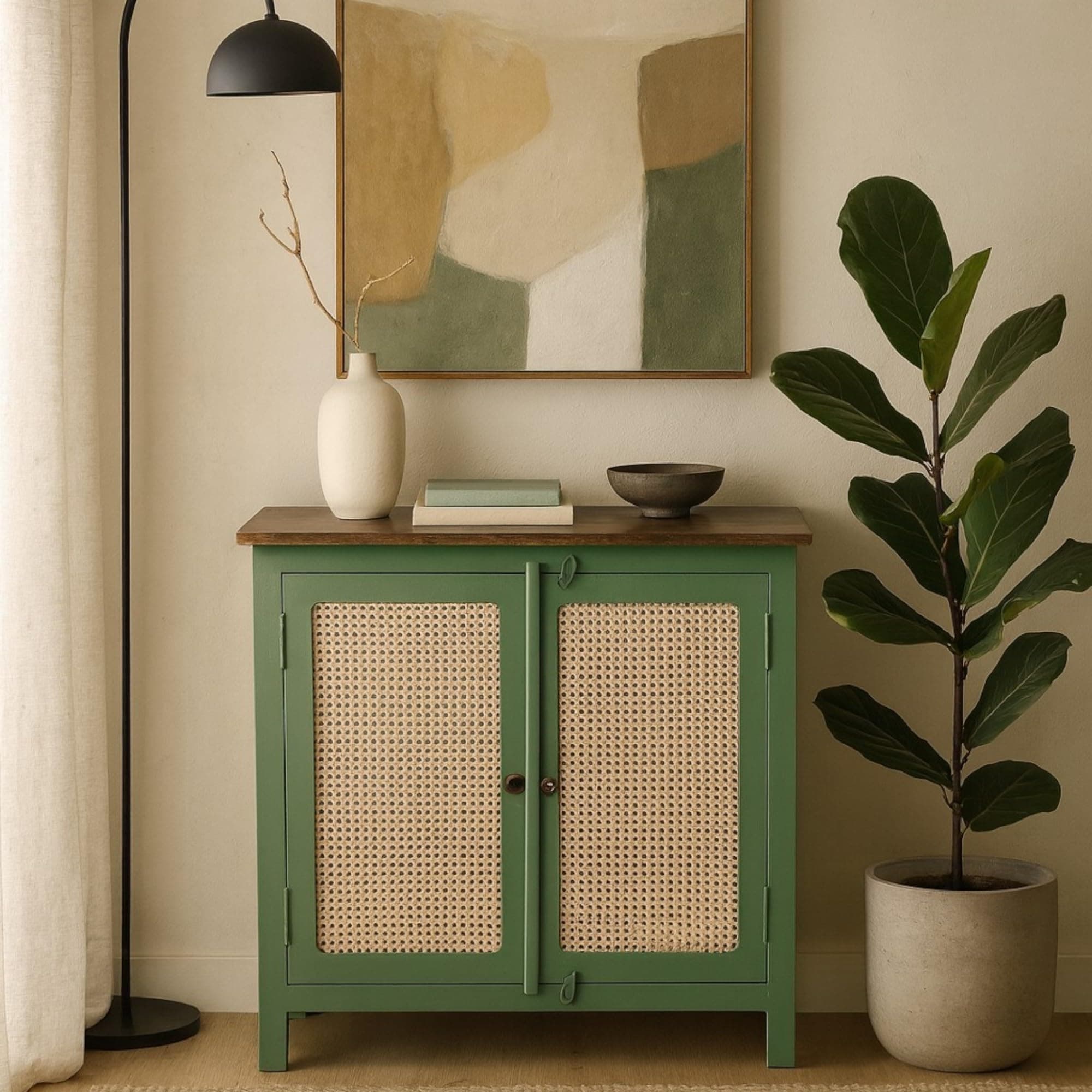 Kraft Bazaar Solid Wood Sideboard Cabinet | Sideboard Cabinet for Living Room | Sideboard with Natural Cane/Rattan | Finish- Olive Green and Off White