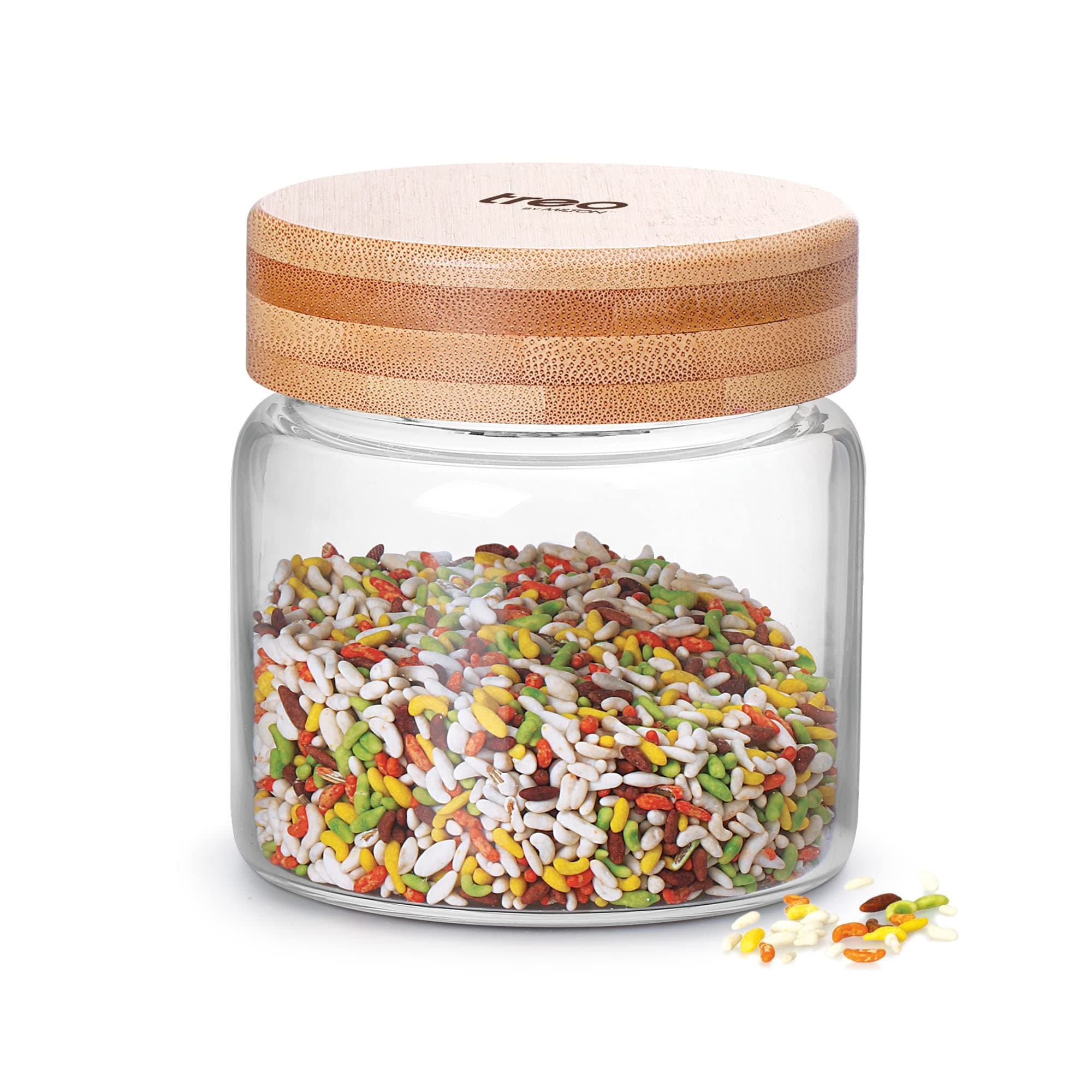 Treo By Milton Hi Borosilicate Round Jar With Wooden Lid, 350 ml, Transparent | Dishwasher safe | Microwave safe | Light Weight | Food Safe | Scratch Resistance | Odour Free | Hight Clarity