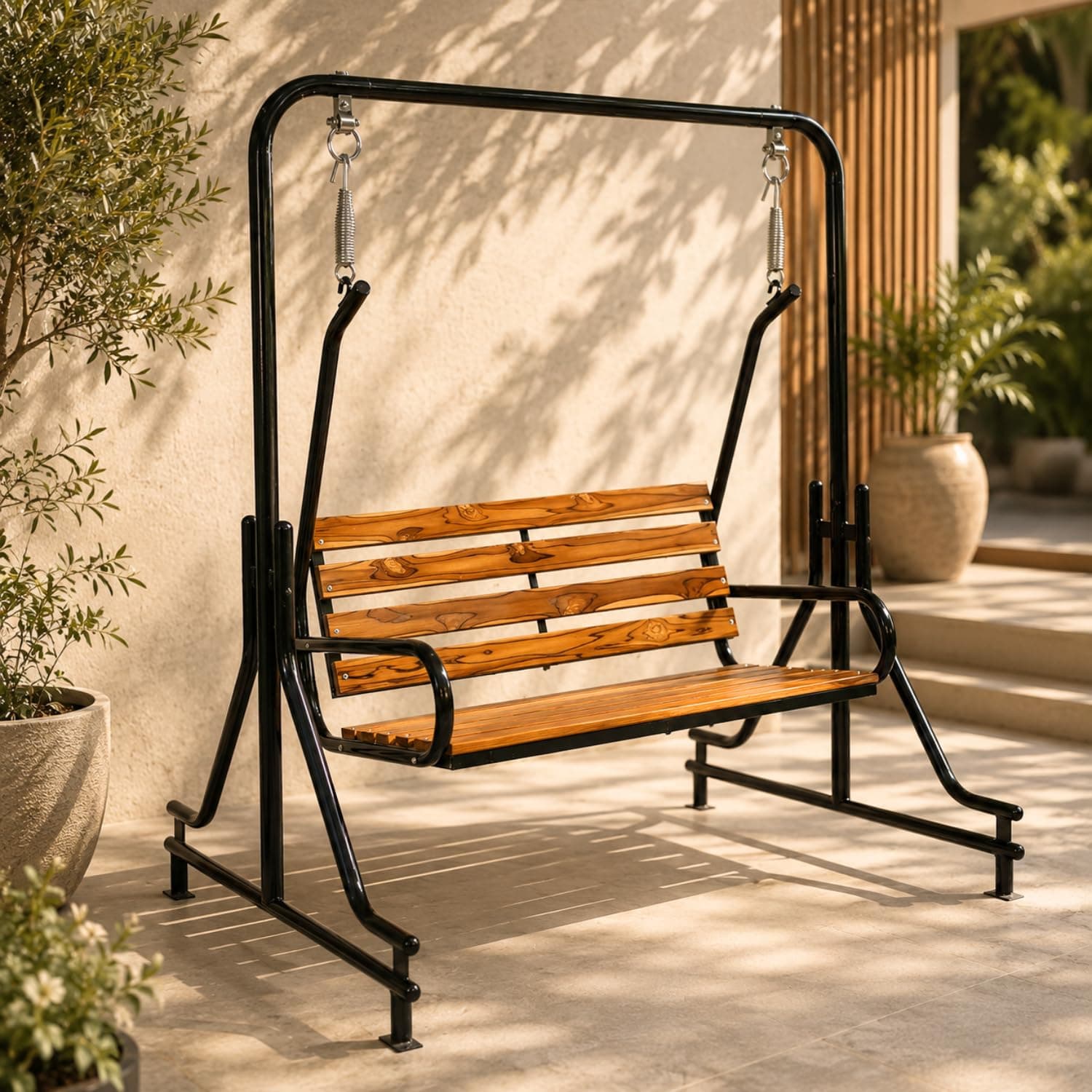 Kaushalendra Indoor Teak Wood Swing - Balcony Room Jhula with Iron Pipe, 2 Seater, 117 cm