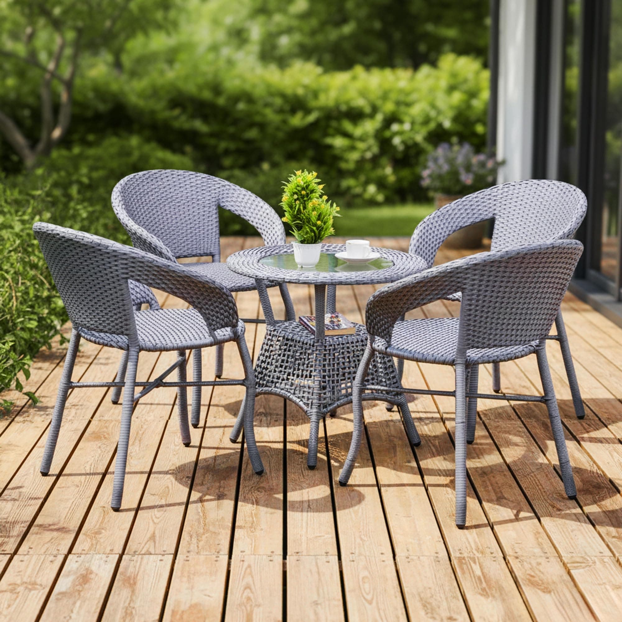 DEVOKO Aria 5-Piece Outdoor Rattan Wicker Patio Bistro Set for Garden, Backyard, Balcony, Porch, Poolside Furniture with Silver Grey All-Weather Wicker and Glass Top Table