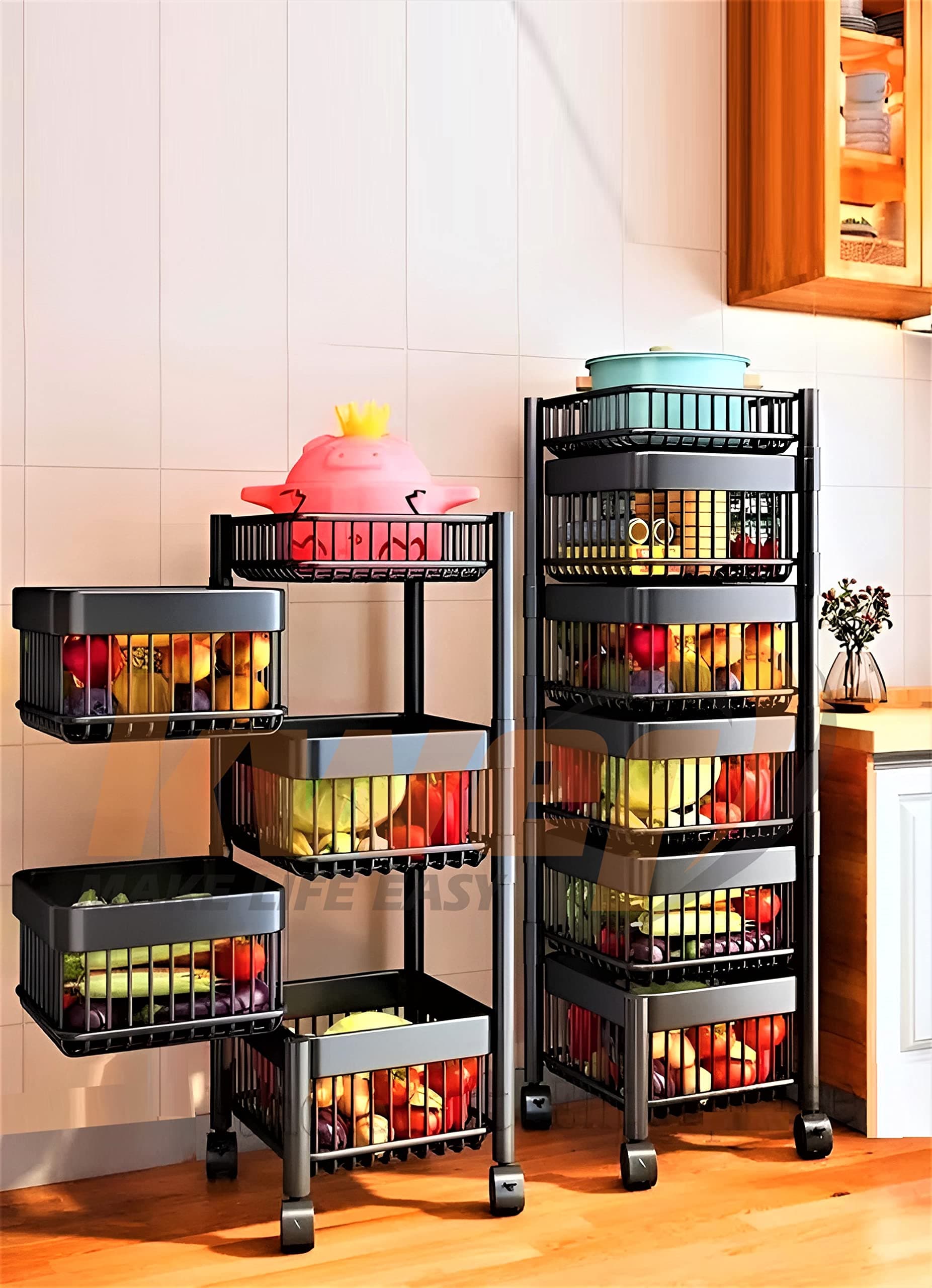 KWER Kitchen Wire Trolley Onion Baskets for Storage, Kitchen Accessories Items and Vegetable Basket for Kitchen Organizer Items & Storage Portable Kitchen Accessories with Wheels(Black,Layer-3), Metal