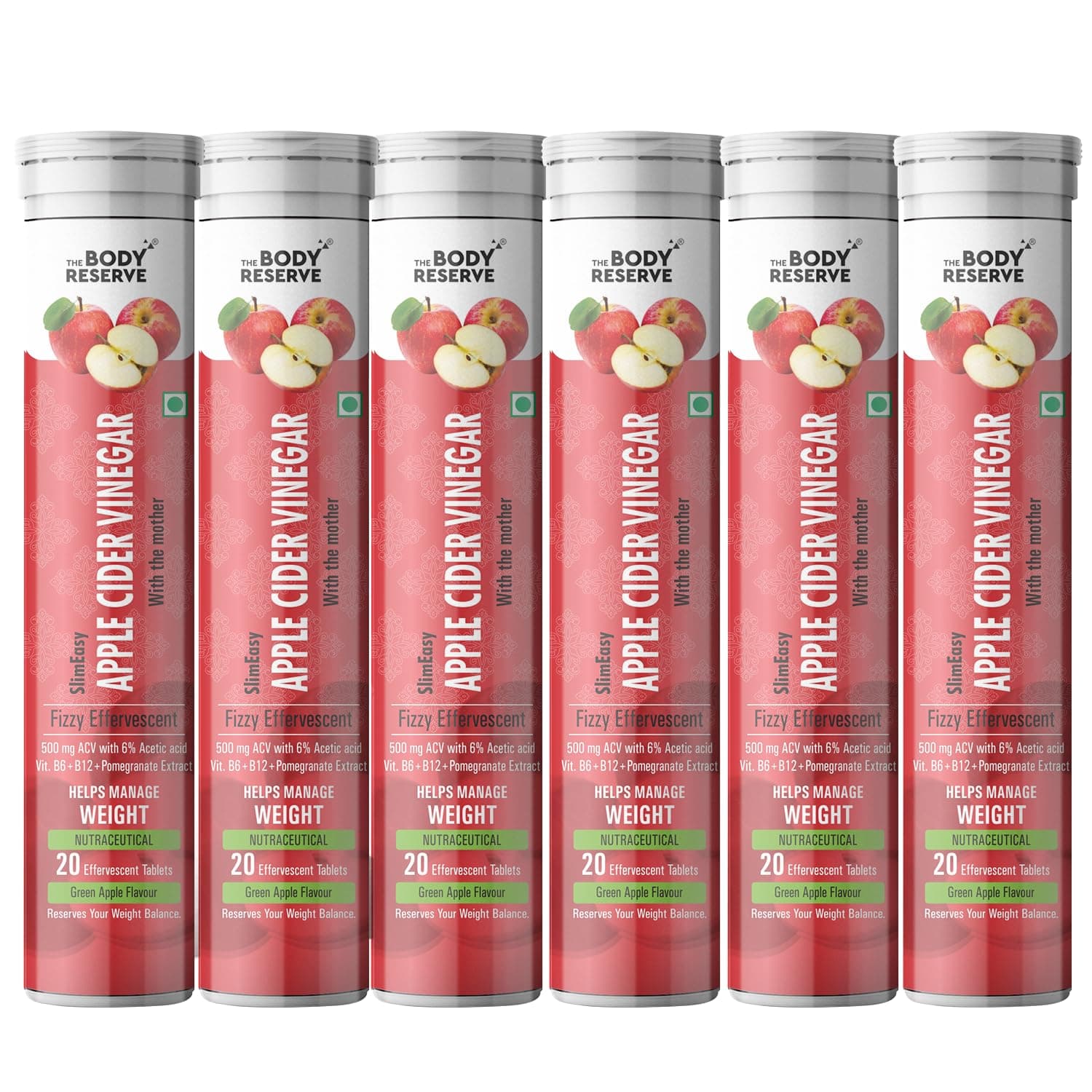 The Body Reserve Apple Cider Vinegar 120 Effervescent Tablets, Acv With The Mother for Weight Loss And Management With Vitamin B6 & B12, Pack Of 6 (Green Apple Flavour)