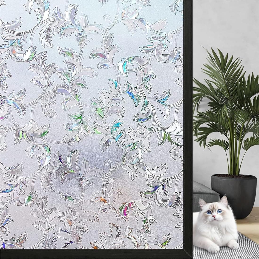 WALLTON Privacy Vinyl Frosted Window Film Glass Sticker Self-Adhesive Film Tint Wallpaper Opaque Sheet for Glass Privacy Cover Window, Door, Office, Home.| Anti-UV. (24x120 Inch, Coriander Leaves)