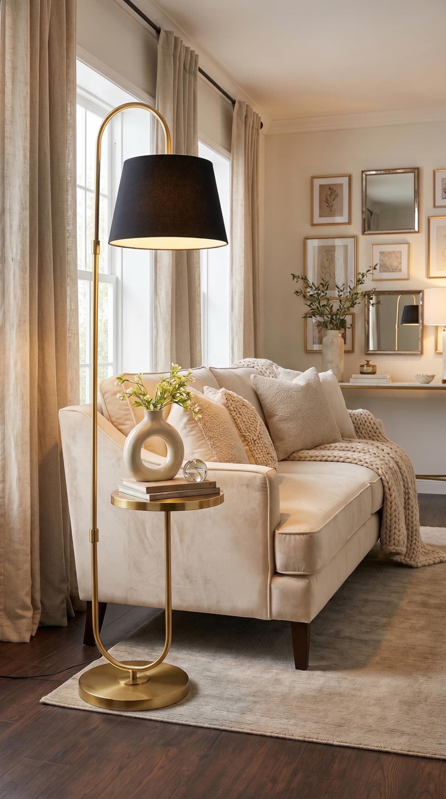 Deco Crush Modern Table Shelf LED Floor Lamp Standing Antique Brass Gold Finish for Home Decoration,Living Room 5ft Height with Black Lampshade (Pack of 1)