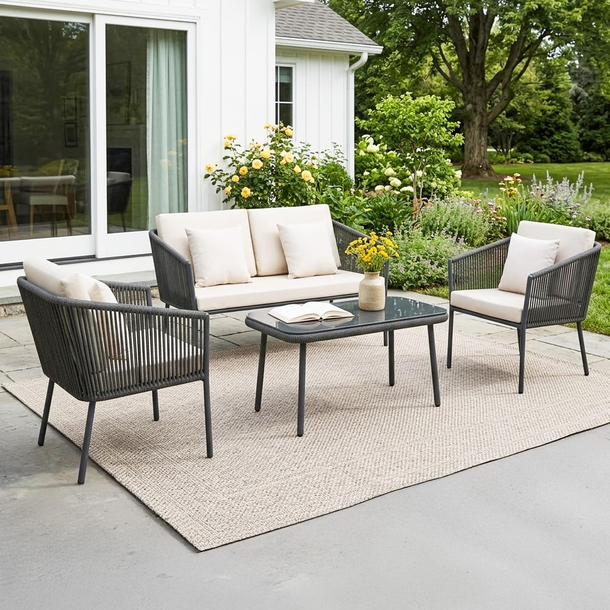 DEVOKO Aura Outdoor 4 Seater Rope Sofa Set with Comfortable All Weather Resistant Cushions and Glass Top Center Table for Garden, Patio, Poolside Area (Grey &Off-White)