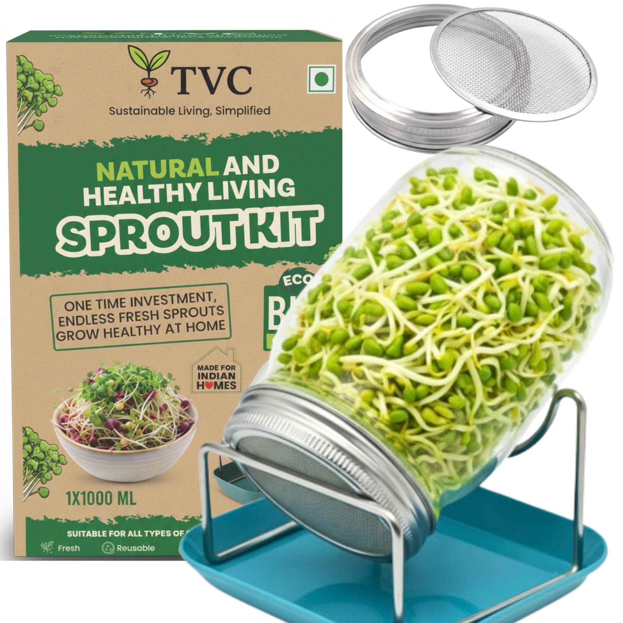 TVC 1L Glass Sprout Maker Jar with Stainless Steel Mesh Lid & Stand | For All Sprouts & Microgreens | Plastic-Free Sprouting Kit | Easy Rinse & Drain, Dishwasher Safe, Rust-Free