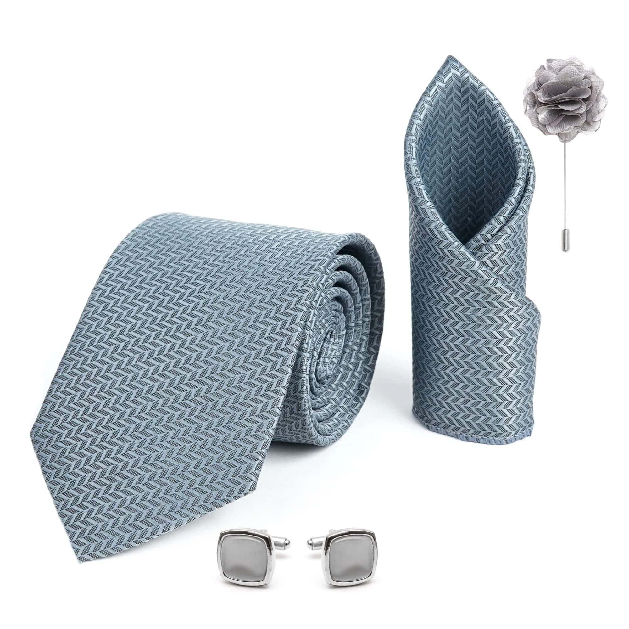 RIZORO Tie for Men – Self Silk Neck Ties Set with Cufflinks Flower Pin, Pocket Square & Black Gift Box, Combo Necktie Sets for Office Wear, Formal Suits & Weddings (0, SIDIRX)