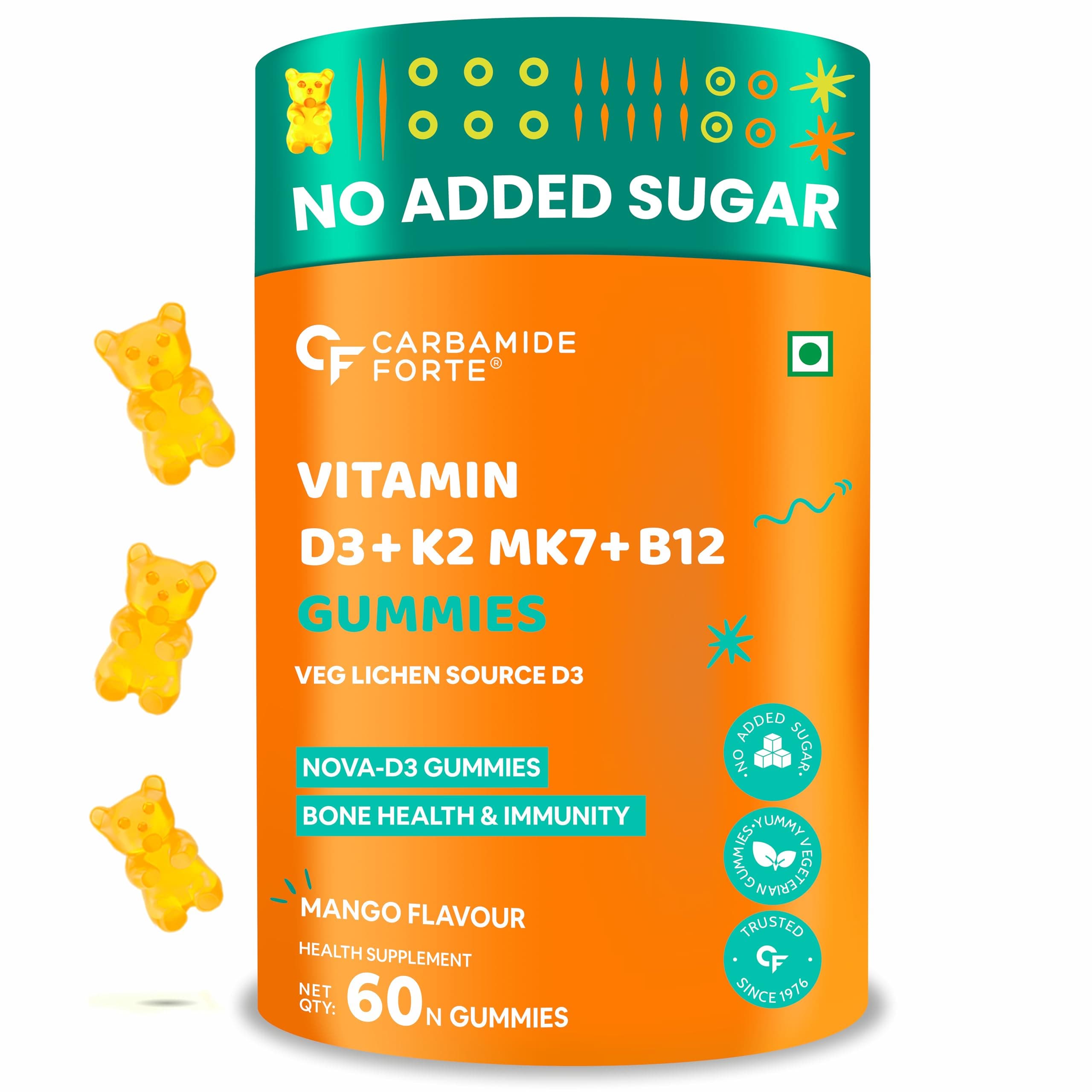 Carbamide Forte Vitamin D3 K2 B12 Gummies | Vitamin B12 Supplements & Vitamin D Supplement | Vitamin K2 Supplements | Plant Based Veg Lichen Source D3 Supplement for Bone Health | Mango Flavor - 60 Gummies