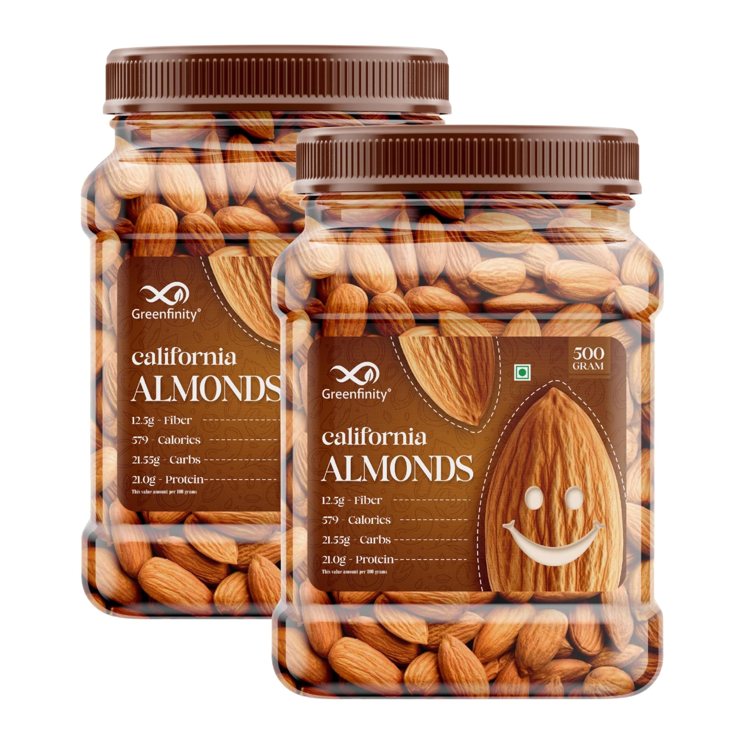 GreenFinity Fresh Almonds 500g | Badam | Healthy and Tasty Dry Fruits Delicious Snacks [Pack of 2].