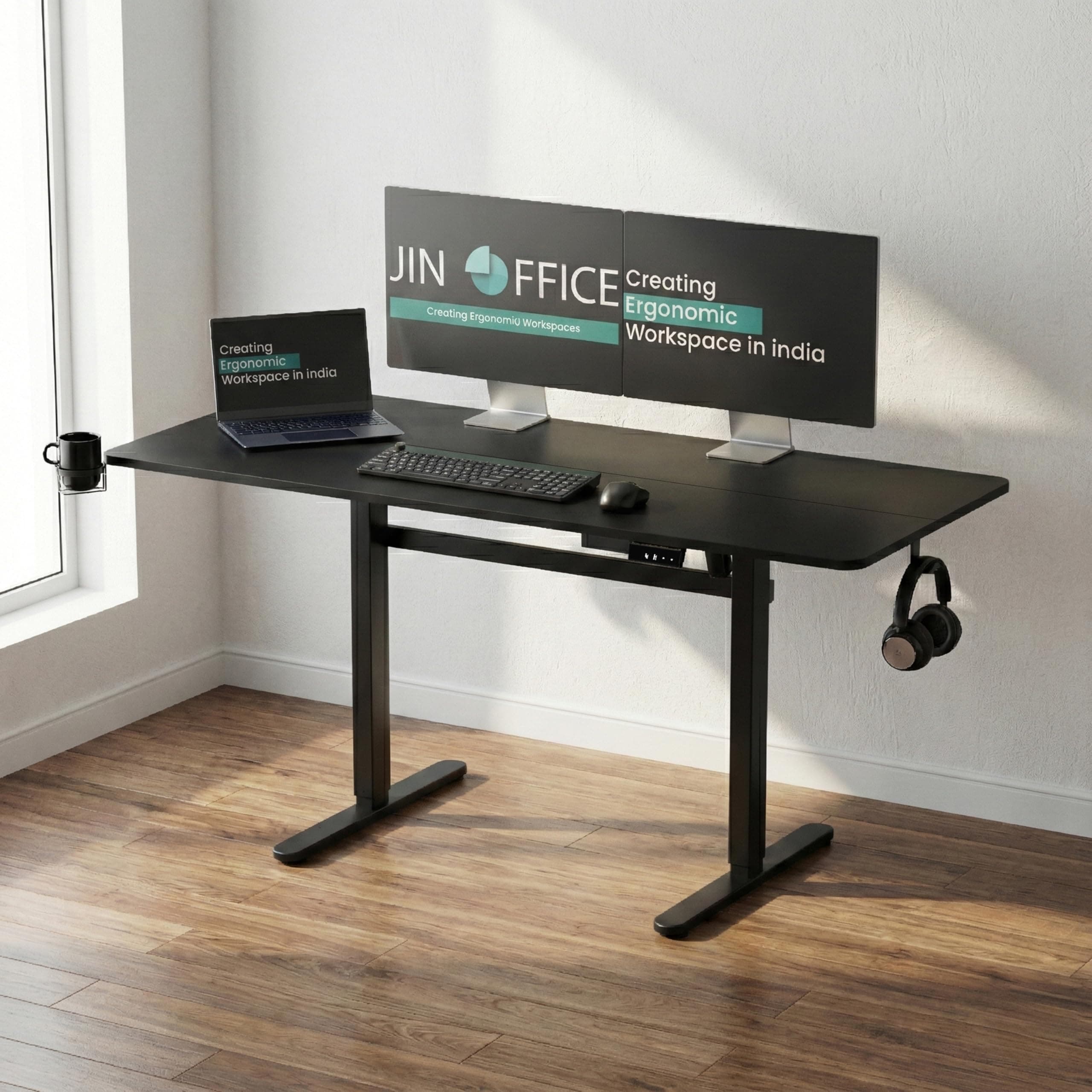 JIN OFFICE EcoSmart Electric Height Adjustable Desk| Sit Stand Table,80 Kg Load, 2 Year Warranty| Standing Desk with Cup Holder, Memory Preset, Stability Crossbar| Ergonomic Split 1400*600mm Top Black