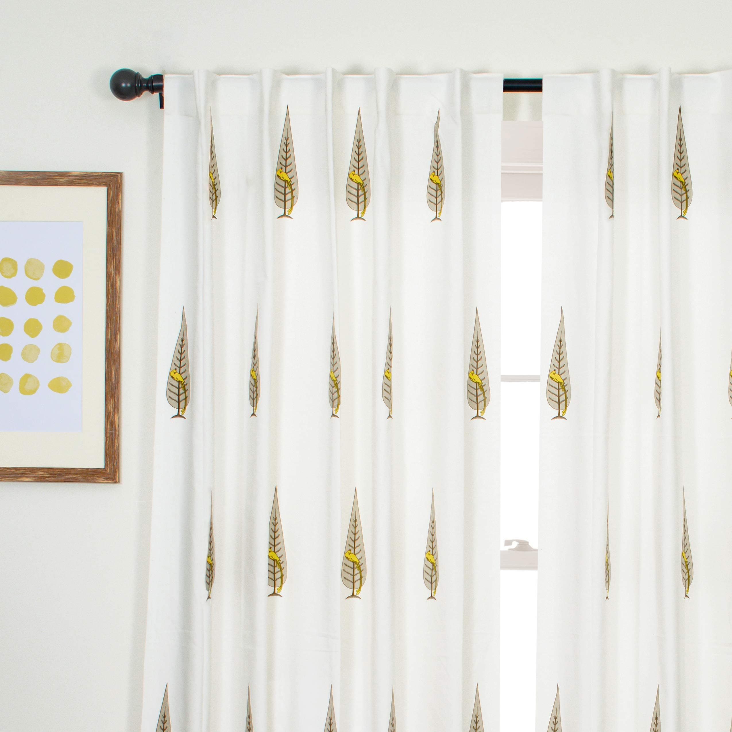 Tranquebar Curtain Co. Cotton Curtains 9 Feet Long Set of 2, 60-65% Room Darkening, Yellow Ethnic Curtains Bird Print, 9 Feet Curtains Set of 2, BackTabs, Tori (274 cm) - Set of 2