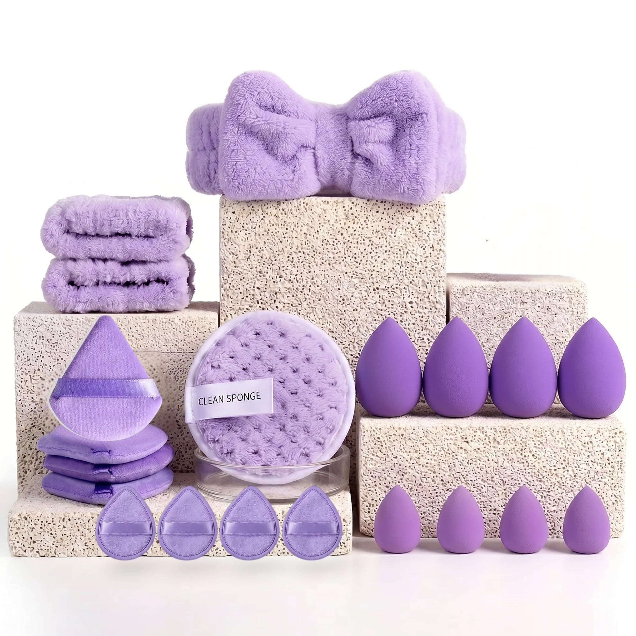 LA VENUST 20pc Essential Makeup Sponge Kit Set - Soft-Touch Makeup Sponges for Cream & Liquid - Aesthetic Bow Spa Set & Wristbands - Under-Eye Precision Puffs & Blender Cleaner - Complete Beauty Organizer Kit for Girls & Women (Lavender Edition)