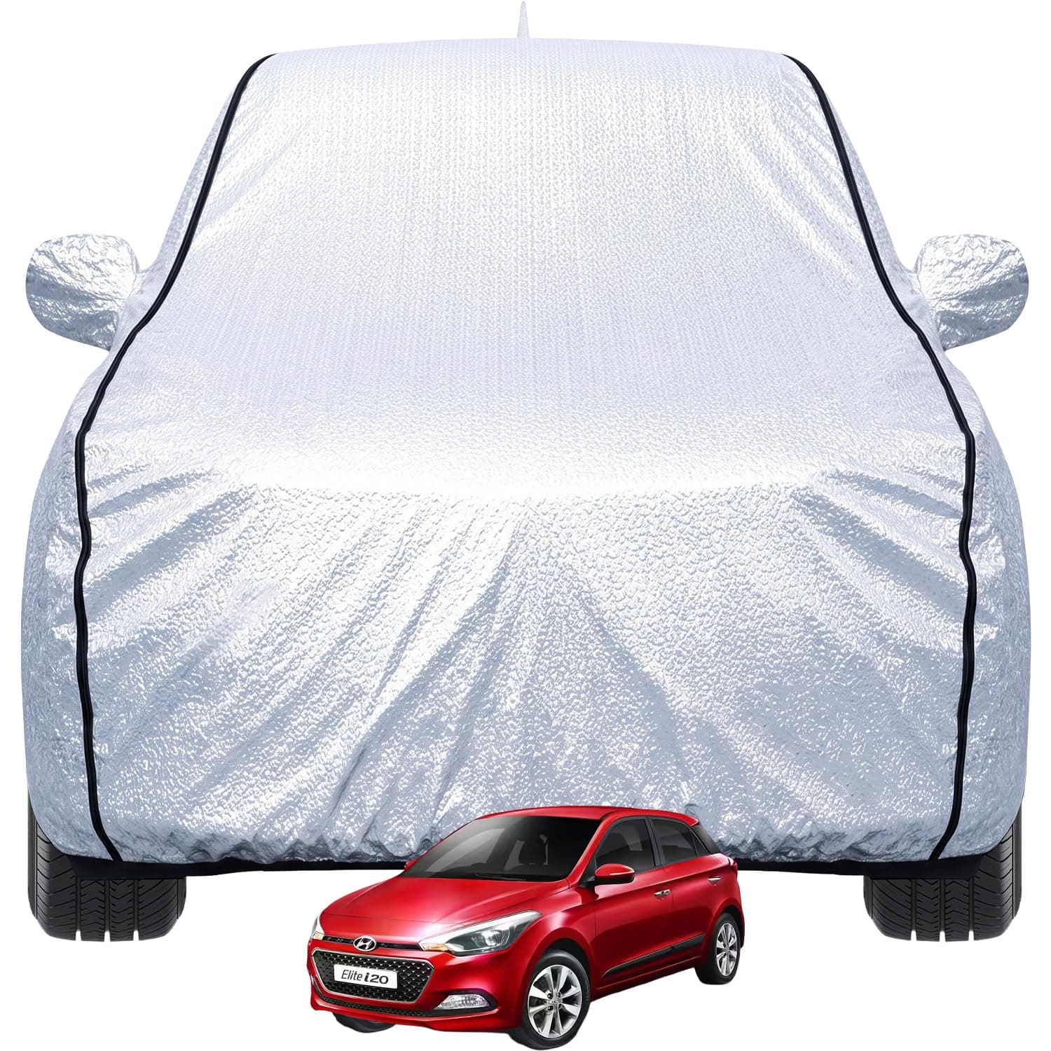 Pivalo Car Cover for Hyundai i20 Elite All Models (2014-2026) 100% Waterproof with Mirror & Antenna Pocket Triple Stitched Bottom Elastic Dustproof Full Body Protection (Heat & UV Resistant, Silver)