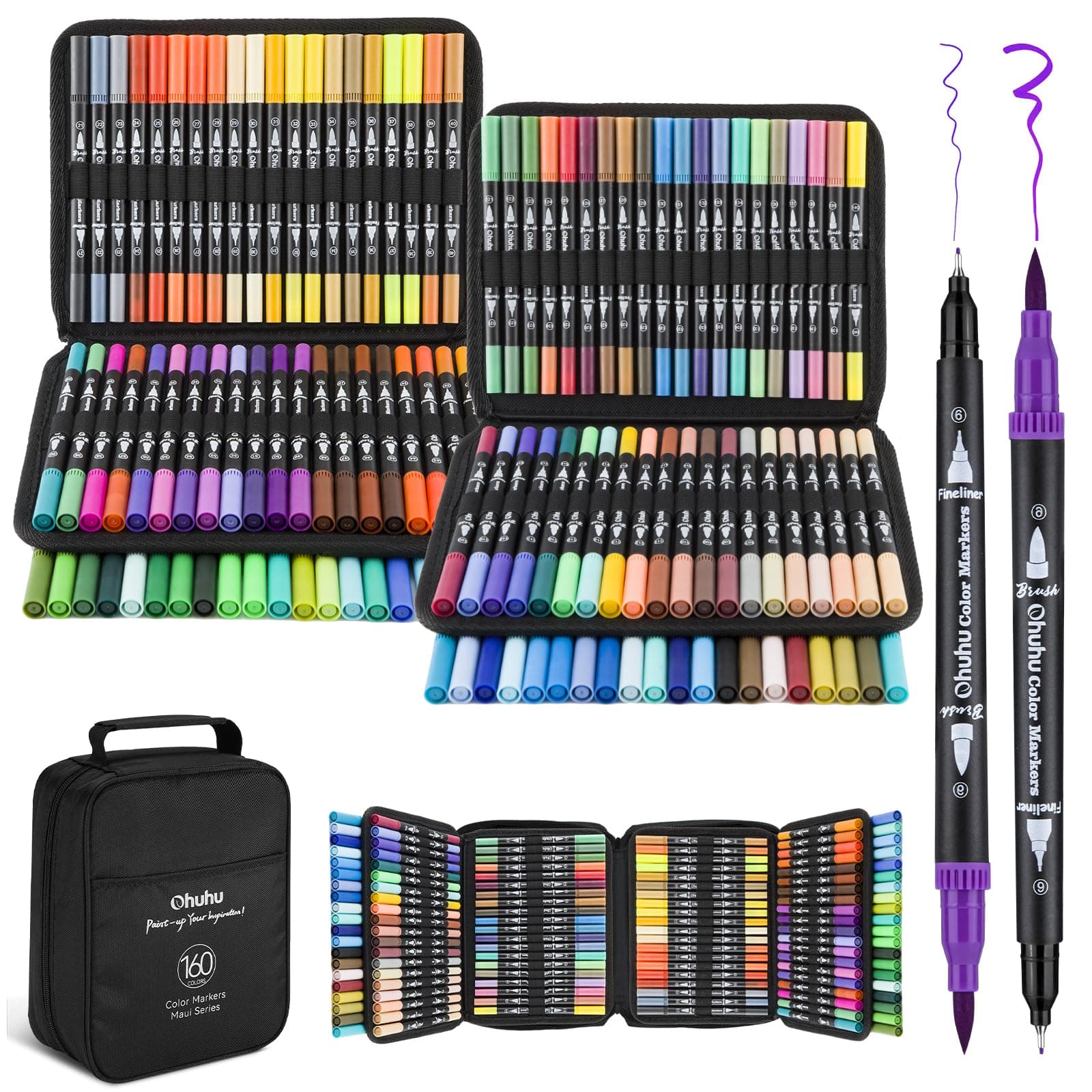 Ohuhu Brush Pen 160 Colors Water-based Sketch Pen Set No Bleeding Dual Tips Fineliner & Brush Drawing Pens with Carrying Case Art Marker for Kids Adults Calligraphy Journal - Maui - Black
