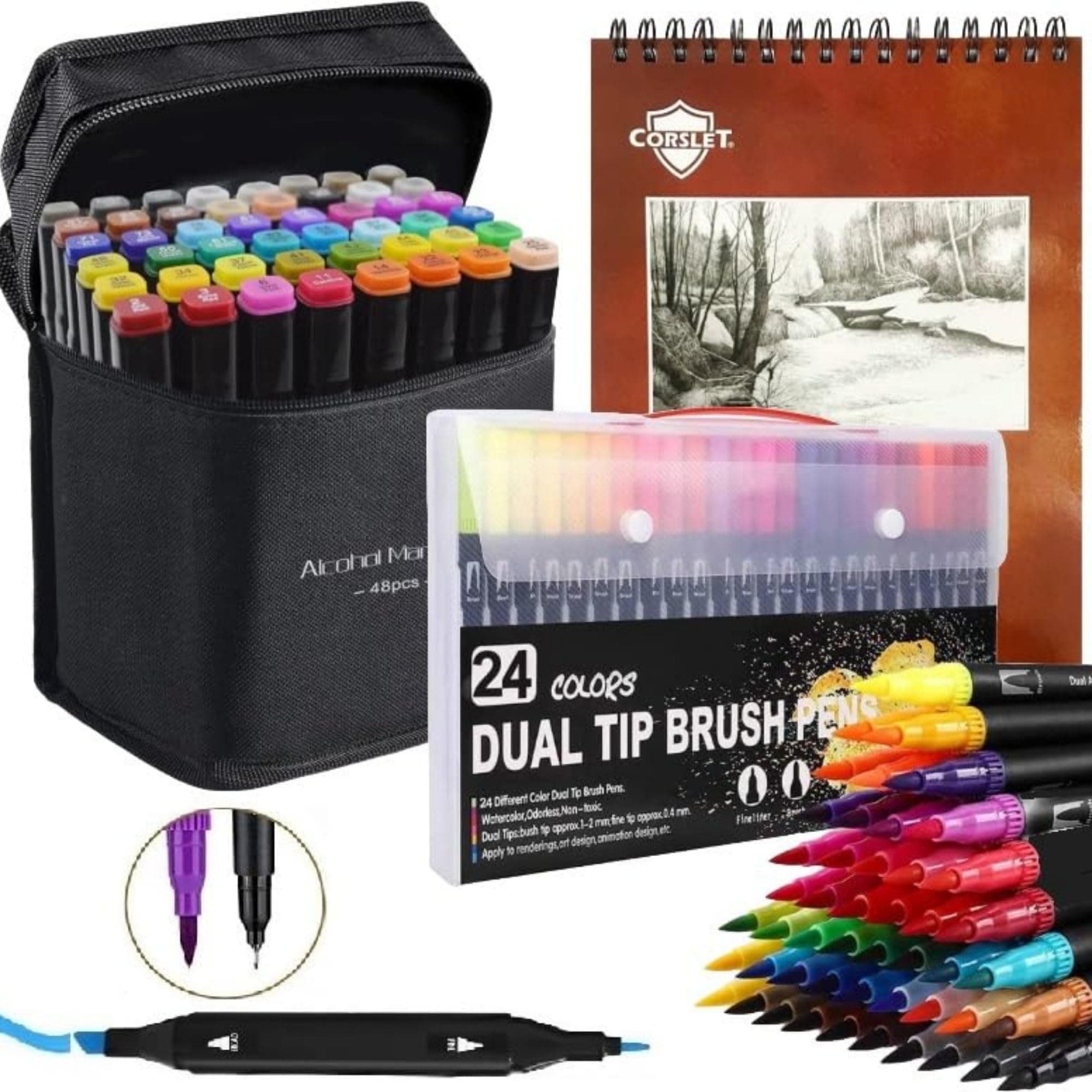 Corslet 73-Piece Art Set – Includes 48 Dual Tip Alcohol Markers, 24 Dual Tip Marker Pens, and 1 Bleedproof Marker Pad (200gsm) – Ideal for Drawing, Sketching and Calligraphy – Suitable for All Ages