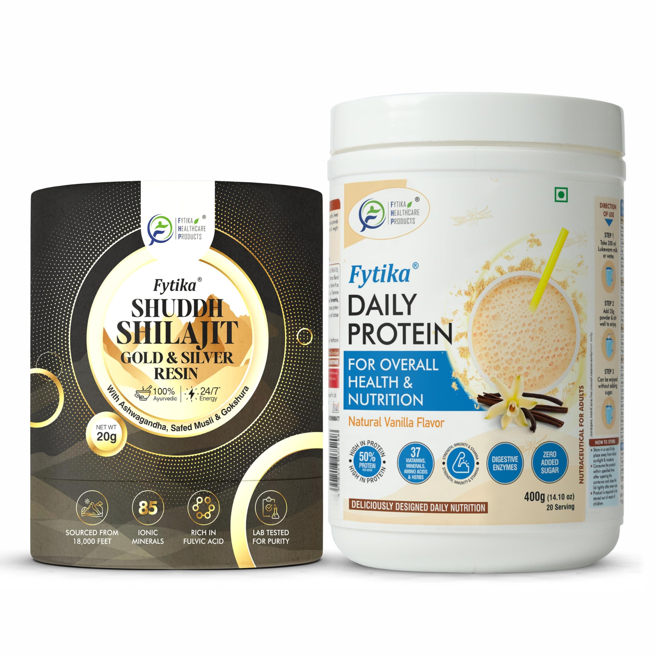 Fytika Protein Powder for Women and Men with Shuddh Shilajit Gold Silver Resin Combo | Daily Protein Powder Vanilla Flavor 400g Plus Pure Himalayan Shilajit Resin 20g | Energy & Nutrition Support