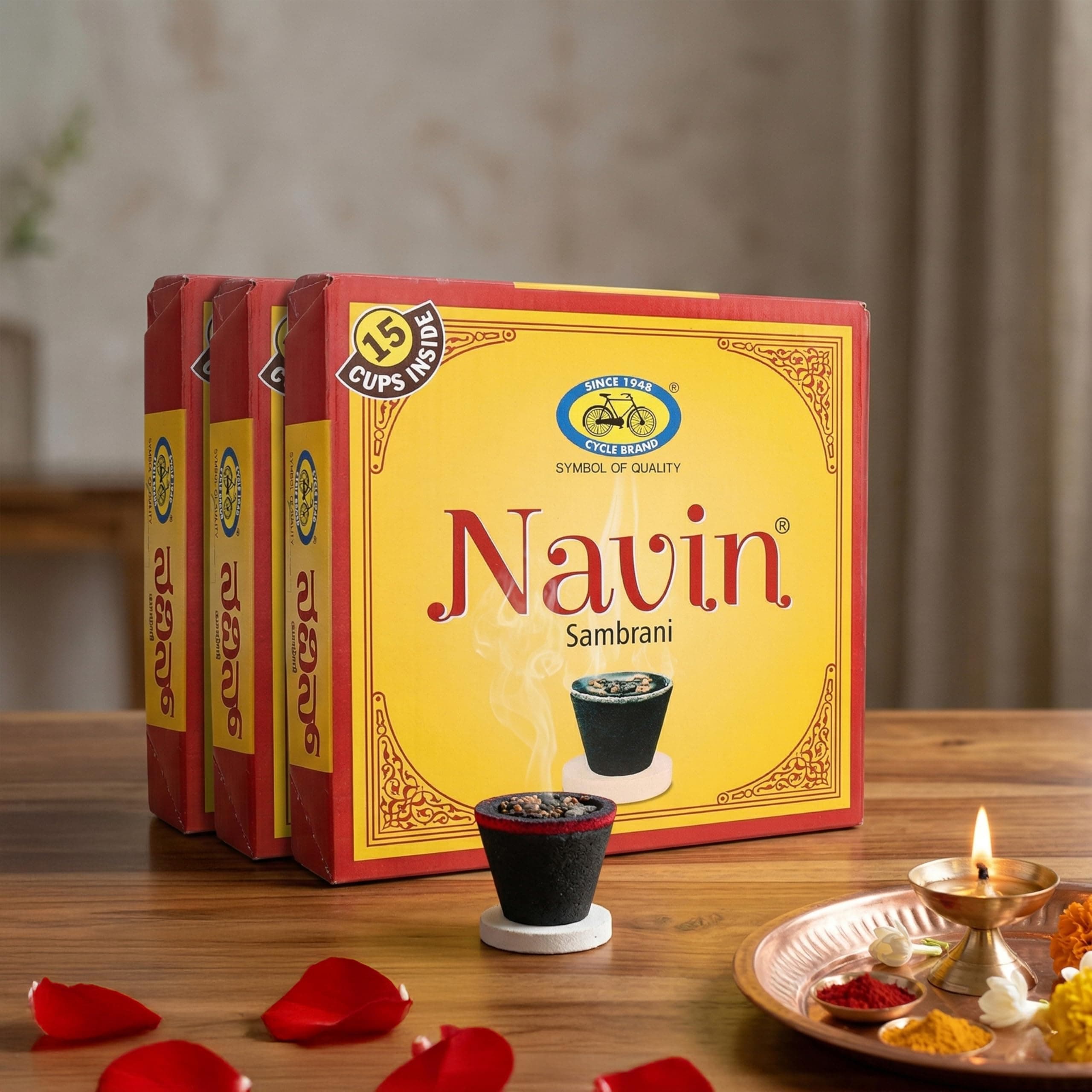 Cycle Pure Navin Sambrani Dhoop Cups for Pooja (45 pcs) | Havan Cups for Pooja, Home & Festivals | Natural Guggal/Loban Dhoop Original | Dhoop Cones | Pack of 3 (15 Cups/Pack + 1 Burner Plate/Pack)