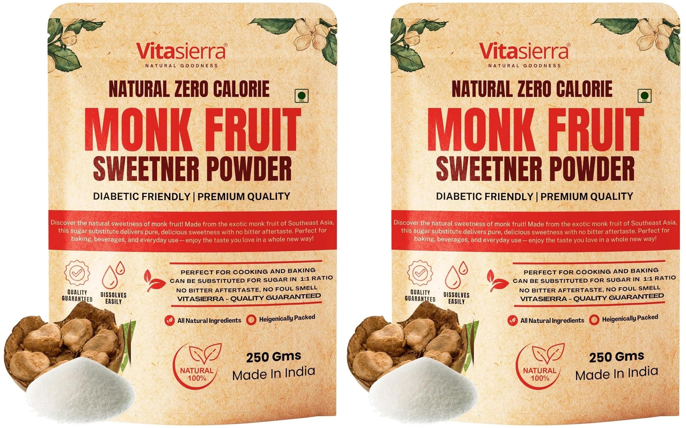 Vitasierra Monk Fruit Sweetner Organic 1:1 Sugar Replacer Without Erythritol Zero Calorie Zero Glyemic Index 100% Natural Sweetner Diabetic Friendly, 250 Gram x 2