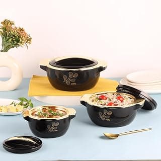 CELLO Radiant Set of 3 Pcs Insulated Steel Casserole Hot Box Case For Kitchen, Black (500ml, 1000ml, 1500ml) | Airtight Hot Pot Case Keeps Food Hot & Warm, Casserole Set For Roti Chapati Rice Biryani