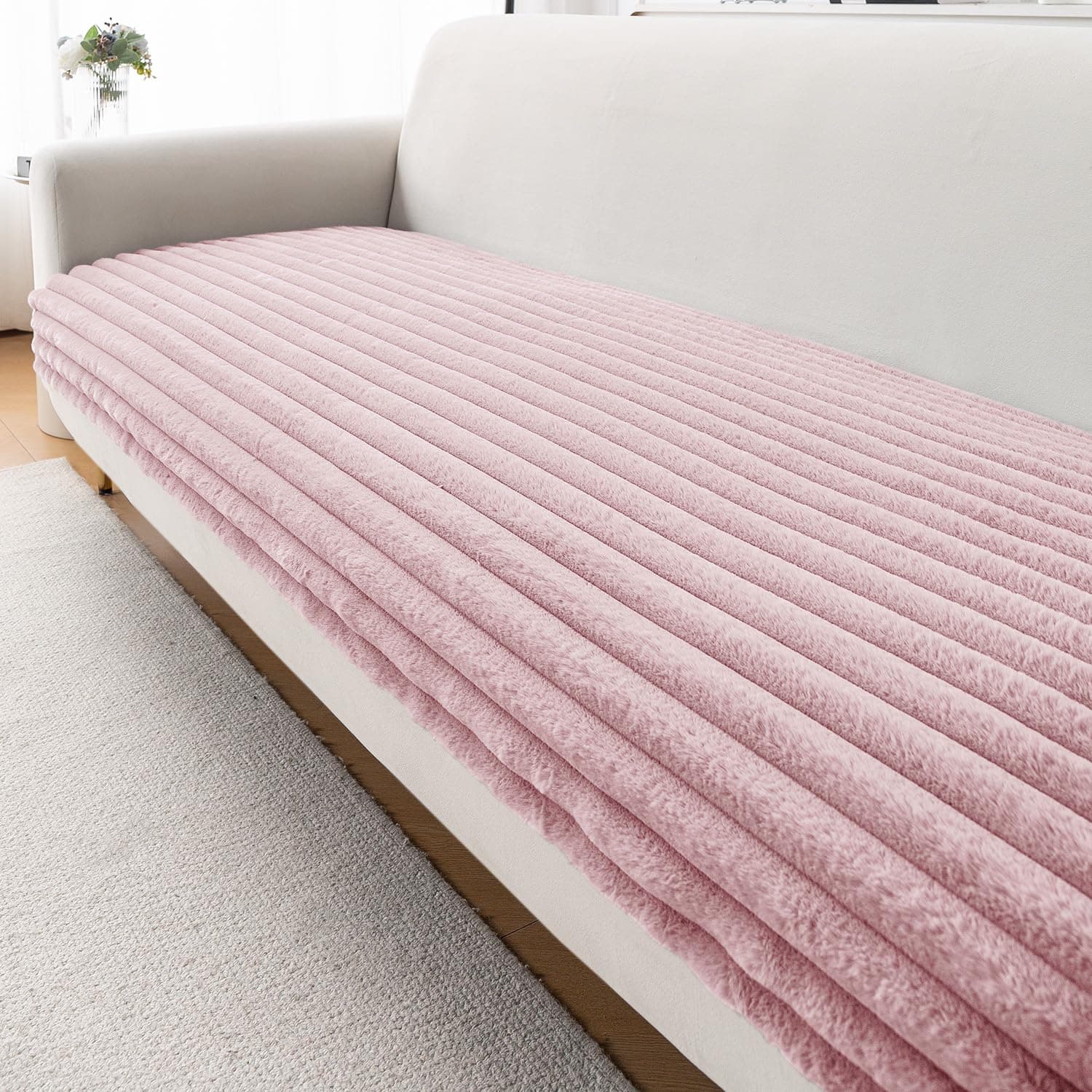 HOKIPO Snuggle Fur Sofa Cover Mat 2 Seater Large 150 cm, Soft Pink | Ribbed faux rabbit fur, silicone anti-slip dots, machine washable. Buy 1 or more to cover any 1-5 seater or L-shape sofa.