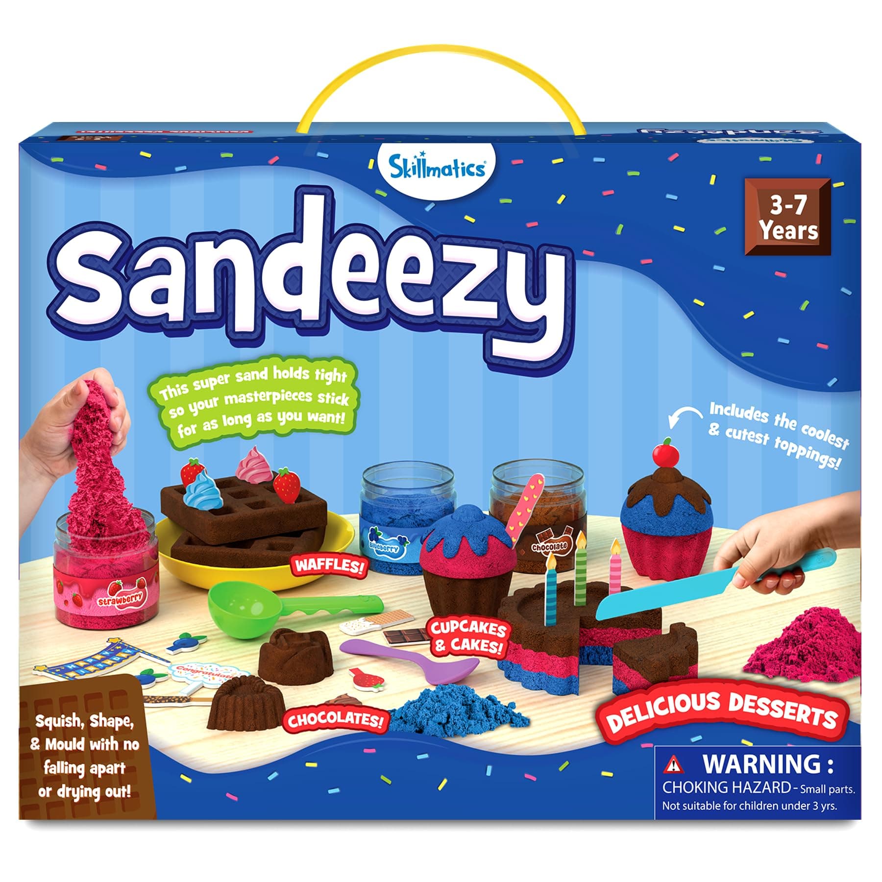 Skillmatics Sandeezy Pretend Play Desserts Set – Sand Playset with Moulds, Tools & Toppings, Sensory Toy for Kids, Non-Toxic, Mess-Free, Creative Indoor Activity Ages 3, 4, 5, 6, 7