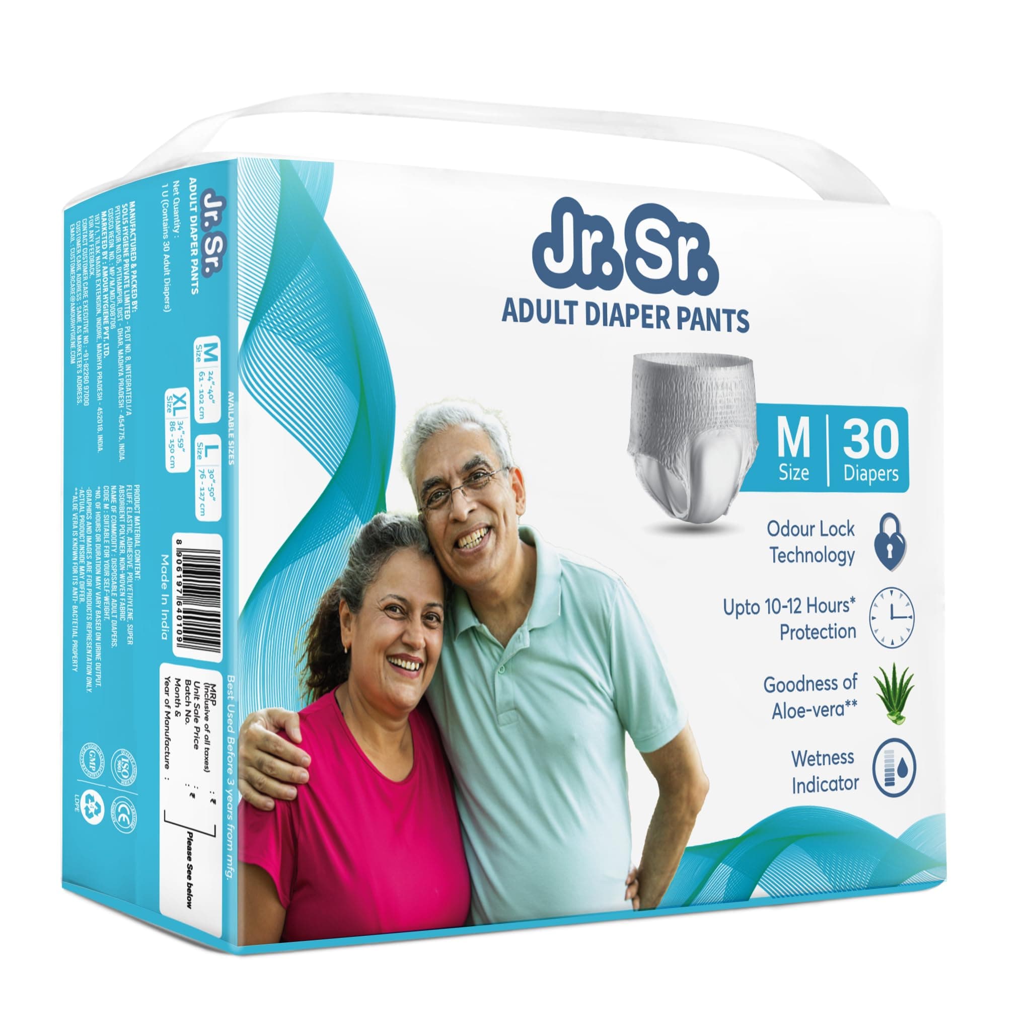 Jr. Sr. Adult Diaper Pants Style | Medium (M) Size 30 Counts | Waist 24"-40" (61-102cm)| Upto 12 hr Absorption Protection | Unisex with Wetness Indicator | Odour Control & Goodness of Aloe Vera