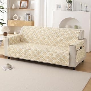 HOKIPO 'VivaCasa Series' Polyester 3 Seater Quilted Sofa Cover with Pockets, Ogee Ivory (NEW-IN-742-D6)
