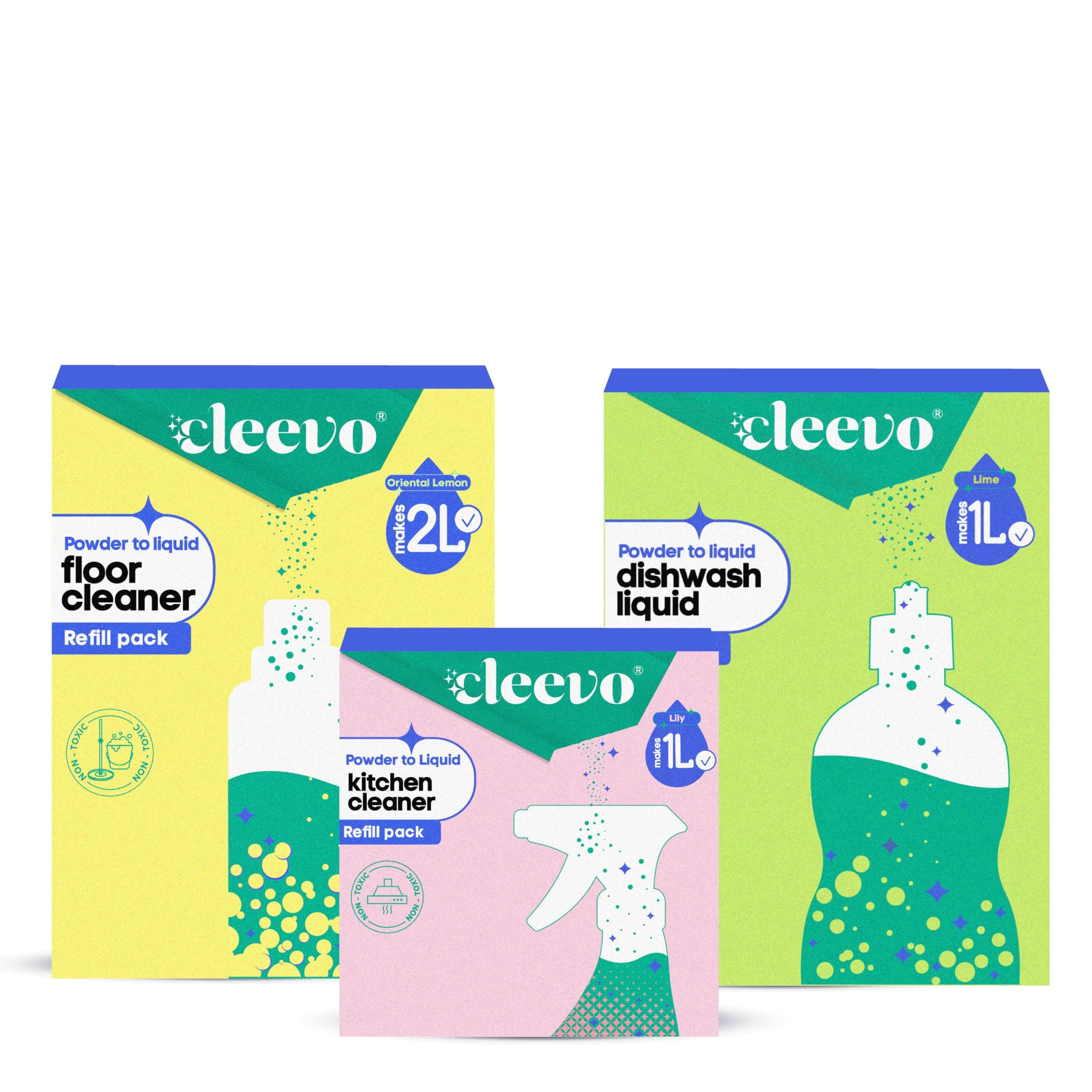 Cleevo Refill Combo – Dishwash Gel 1L + Floor Cleaner 2L + Kitchen Cleaner 1L | Non-Toxic Home Cleaning Set | Kids & Pet Safe