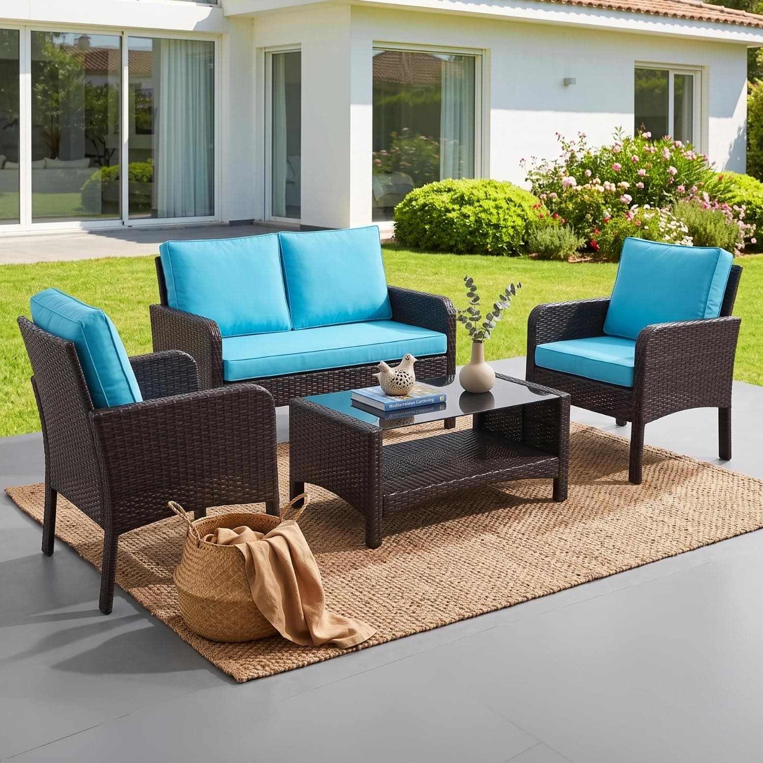 DEVOKO Outdoor 4-Seater Wicker Patio Sofa Set with Glass Top Stroge Shelf Table & Water-Resistant Cushions, Durable Metal Frame for Garden, Balcony(Dark Brown & Sky-Blue)
