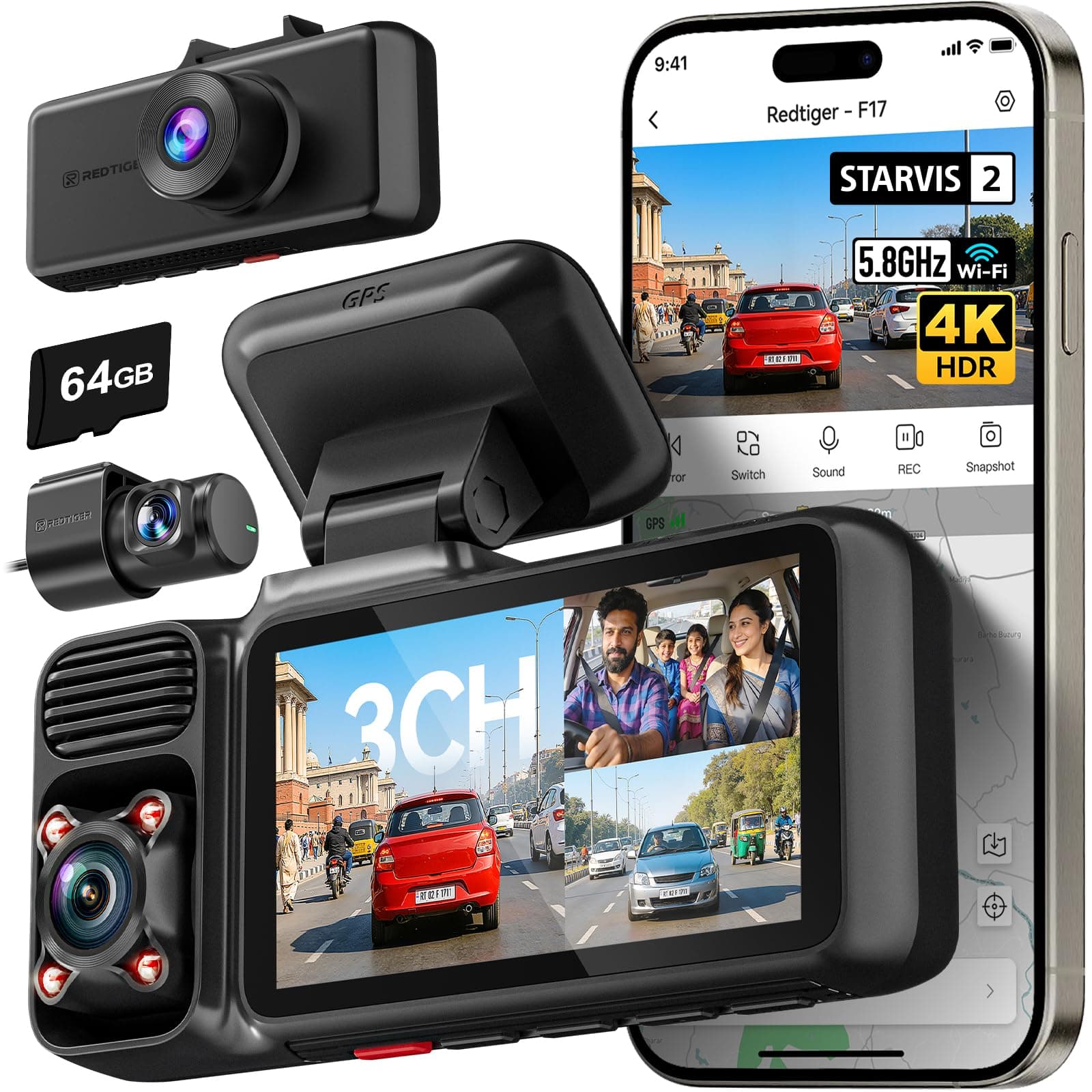 REDTIGER F17 2026 Edition 4K 3 Channel Dash Cam for Car, Upgraded STARVIS 2 IMX675 Sensor, 4K Front + 1080P Cabin + 1080P Rear, 5.8GHz WiFi + GPS, IR Night View, WDR, 64GB Card Included