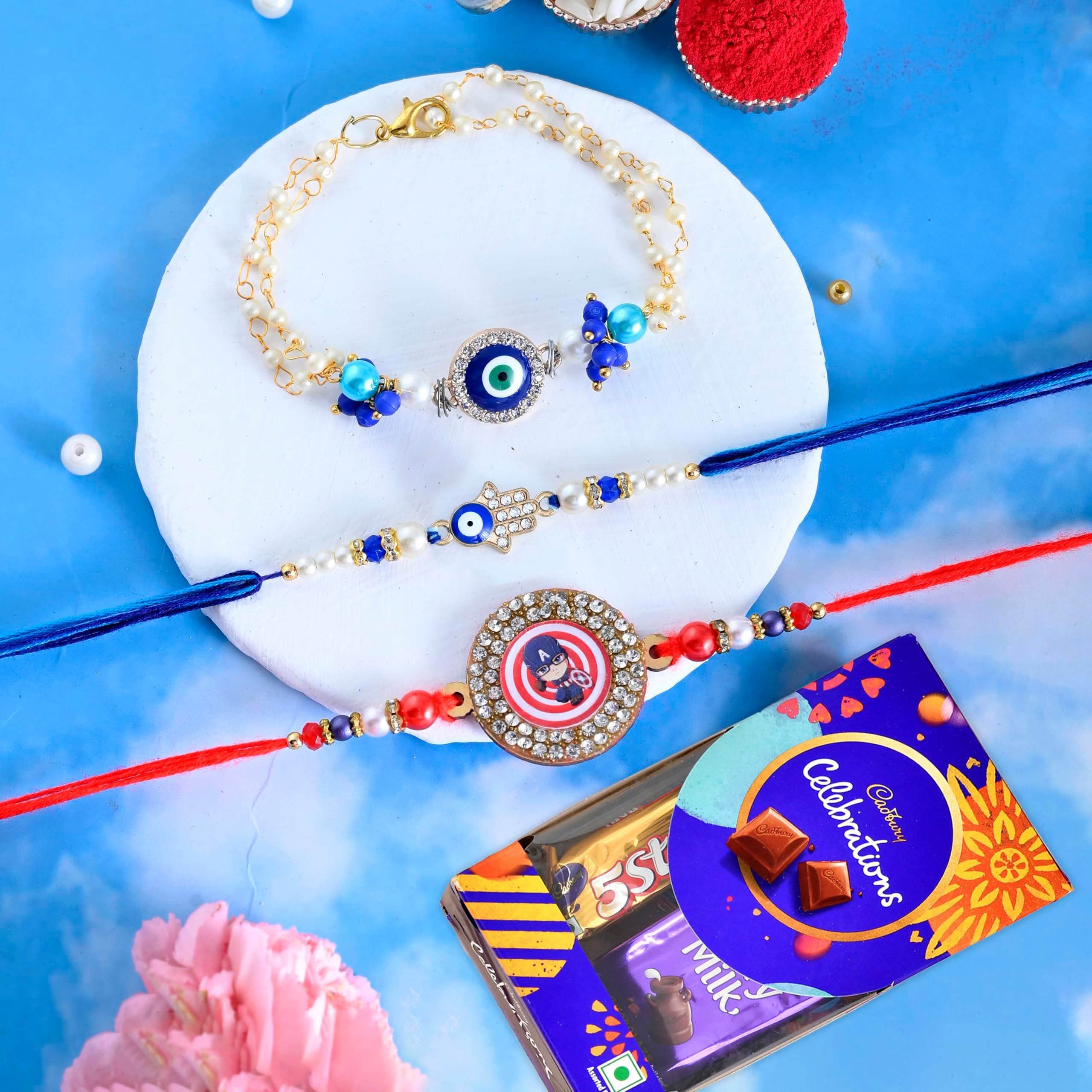 CraftVatika Chocolates with Rakhi for Brother Bhabhi Kids, Rakhi Set of 3 for Bhaiya Bhabhi Kids, Evil Eye Lumba Chocolates Gift with Gift Hamper (Type-1)