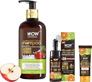 WOW Skin Science Apple Cider Vinegar Shampoo With DHT Blockers & Science Brightening Vitamin C Foaming Face Wash & Science Brightening Vitamin C Face Wash, 3 Count