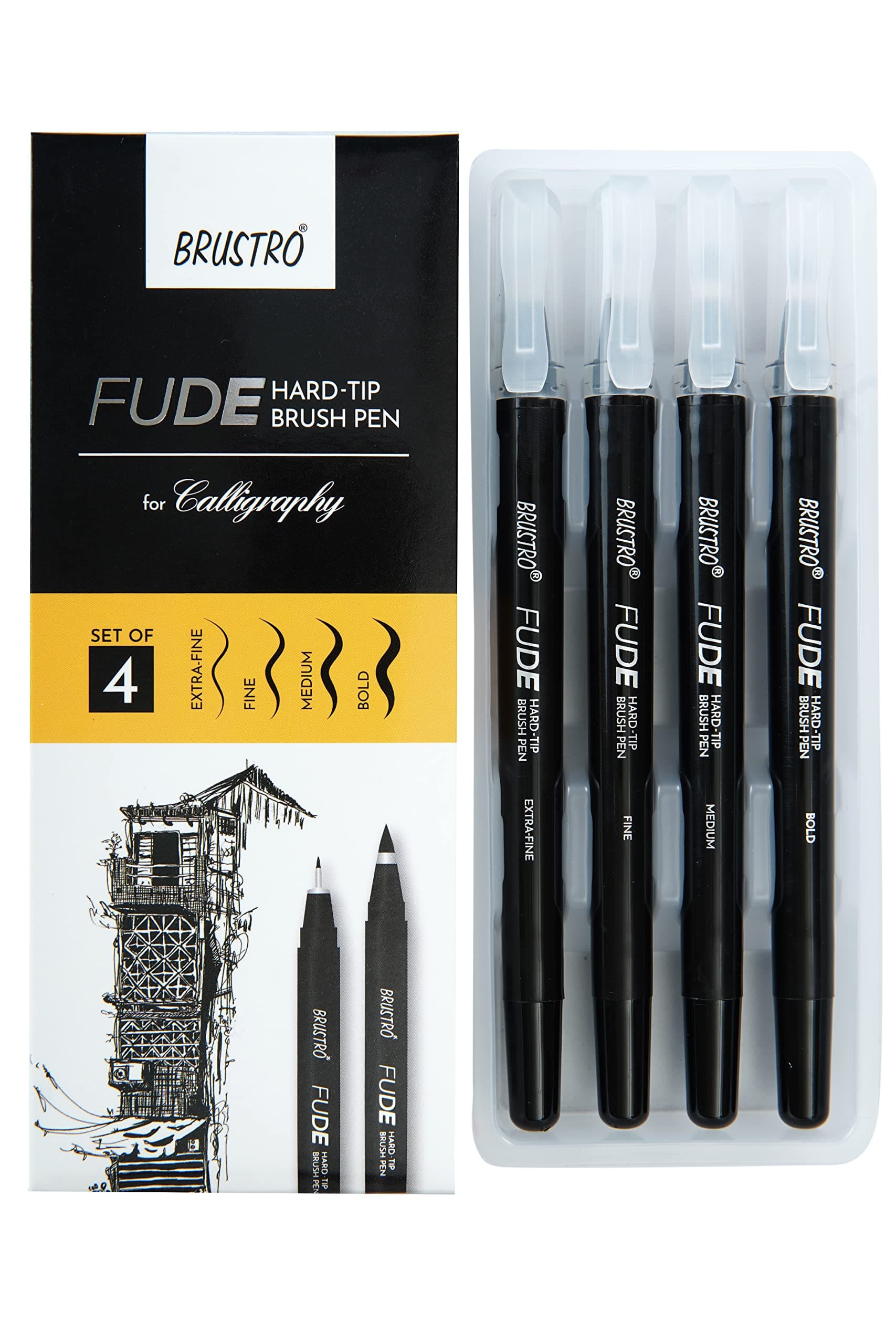 BRUSTRO Fude Hard-tip Black Ink Calligraphy Brush Pen Set of 4 (Extra-fine/Fine/Medium/Bold)|Ideal for Colouring, Colors, Art Supplies, Paint, Pastel, Doodling, Marker, Drawing