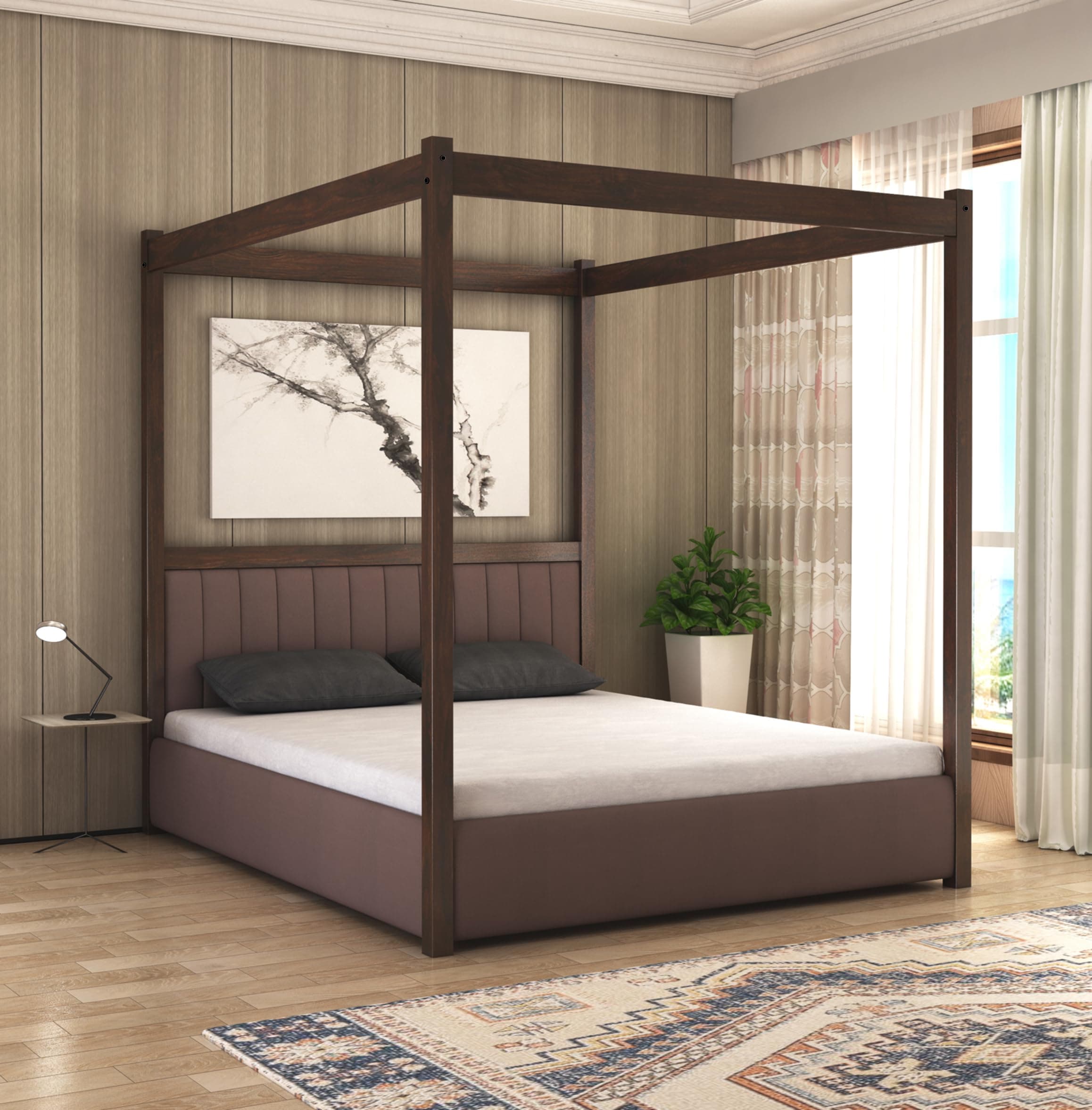 STRATA FURNITURE Solid Sheesham Wood King Size Poster Bed With Box Storage Wooden Upholstered Double Bed For Bedroom Living Room Home (Walnut Finish), 204.47 Centimeters, 187.96 CM, 193 CM