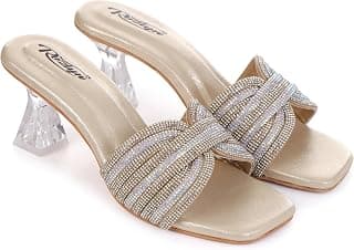 Women’s Silver Transparent Block Heel Sandals with Shimmer Knot Strap Design – Stylish Slip-On Heels for Wedding, Festive & Western Outfits