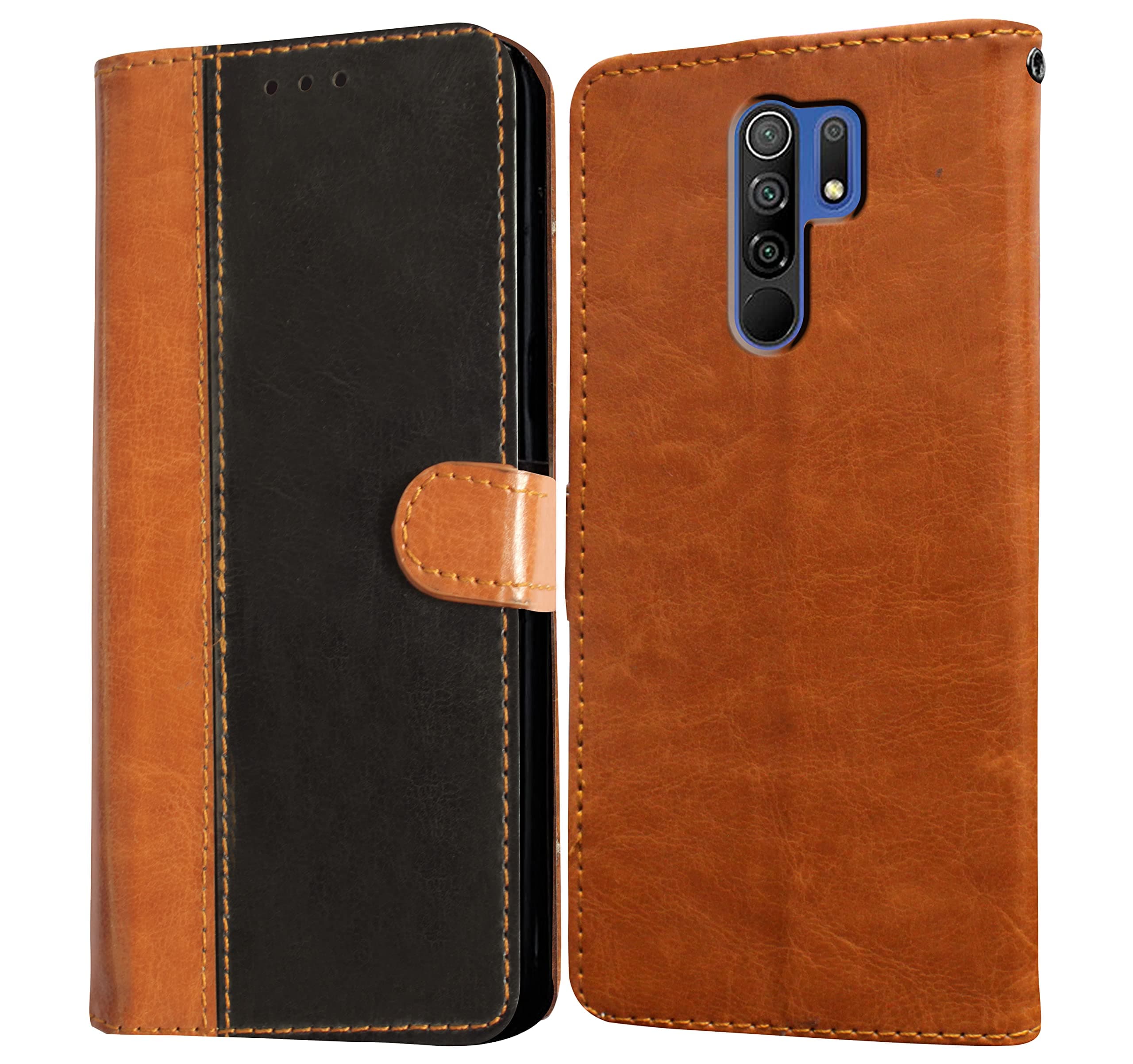 Amazon Brand - Solimo Flip Leather Mobile Cover (Soft, Flexible & Kickstand Back case) Compatible for Mi Redmi 9 Prime/Poco M2 (CamelBlack)