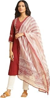 W for Woman Women Polyester Ecru And Maroon Printed Kota Dupatta_Wfs, Multi, Free Size