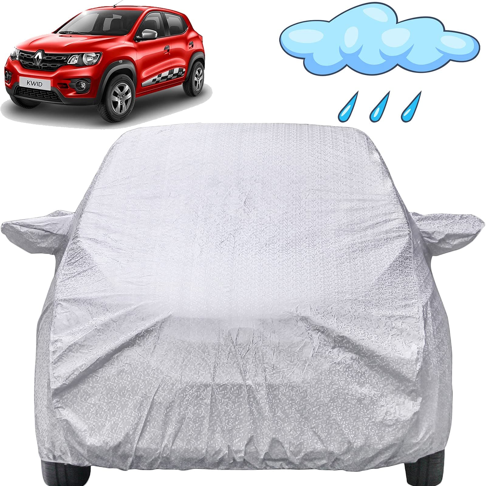 Kwid Waterproof Car Cover with Mirror Pockets, Shinning Silver Design, Non Woven Fabric,Triple Stitched, Compatible with Renaults Kwid Car Cover (2015 to 2020), Kwid Car Accessories