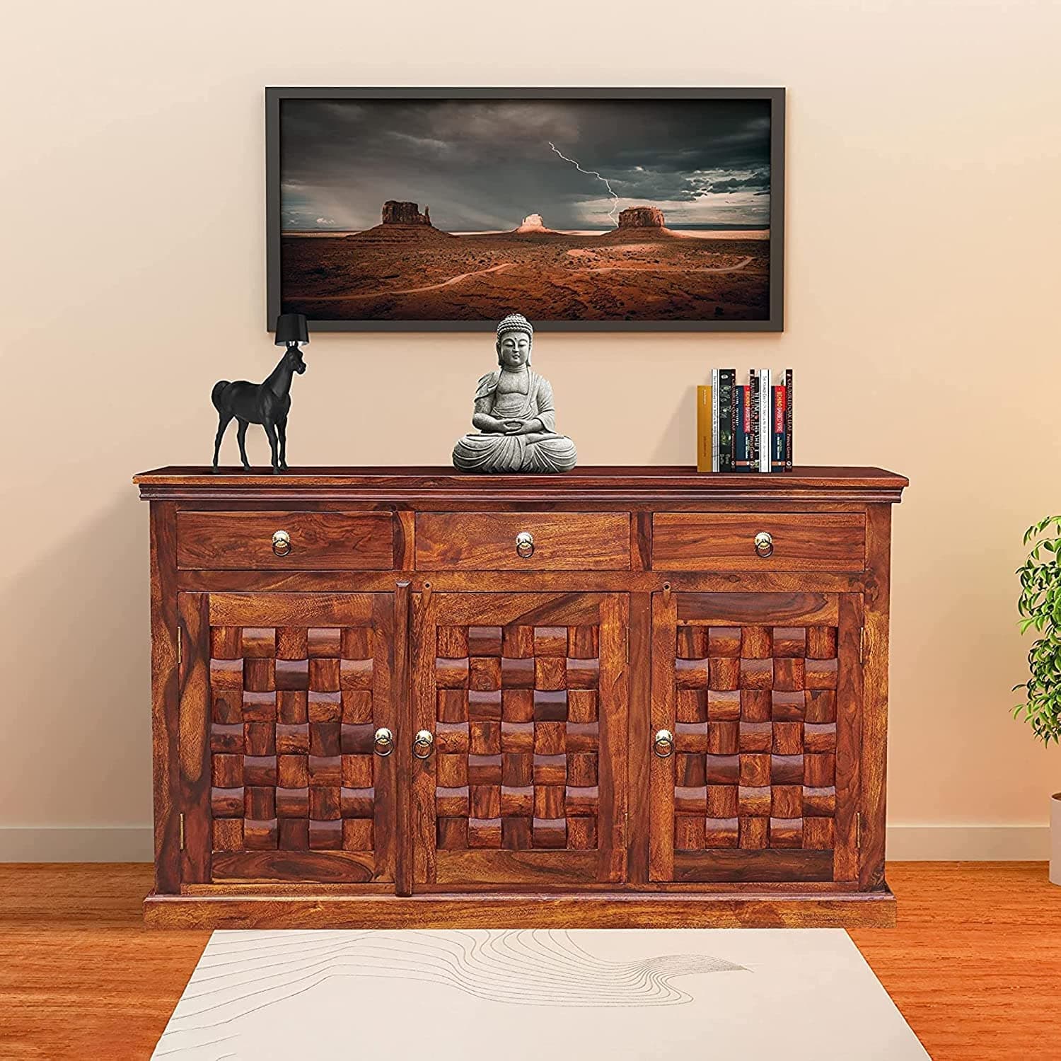 Space Galaxy Wooden Sideboard Cabinet for Living Room, Drawing Room, Office & Lounge | Material: Sheesham Solid Wood | Storage Type: 3 Doors and 3 Drawers | Finish: Honey
