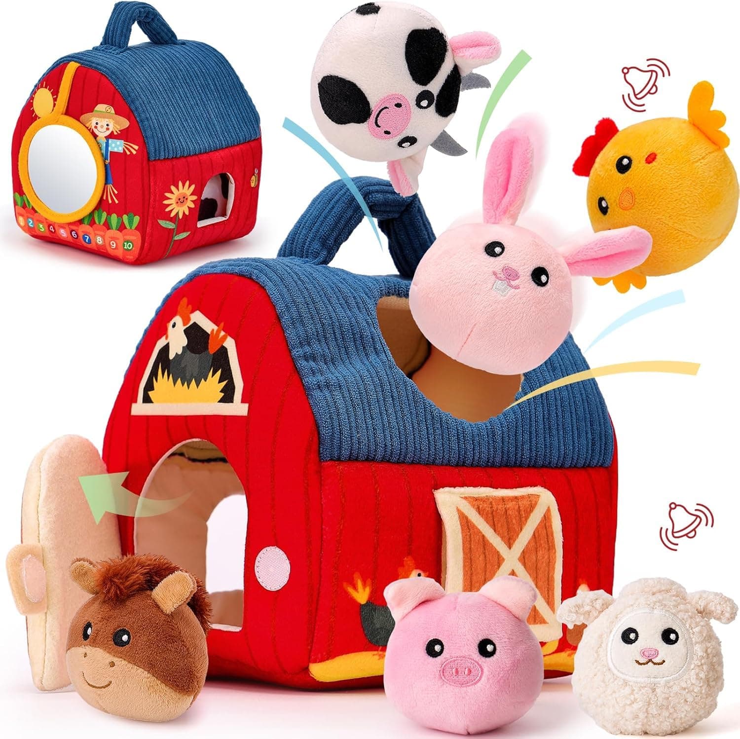 Storio Baby Toys 6–12 Months – Surprise Barn with Stuffed Farm Animals, Rattle, Crinkle Paper, Mirror | Montessori Toys for 6 Month Old Babies | Sensory Balls for Toddlers 1–3 | 1st Birthday Gifts